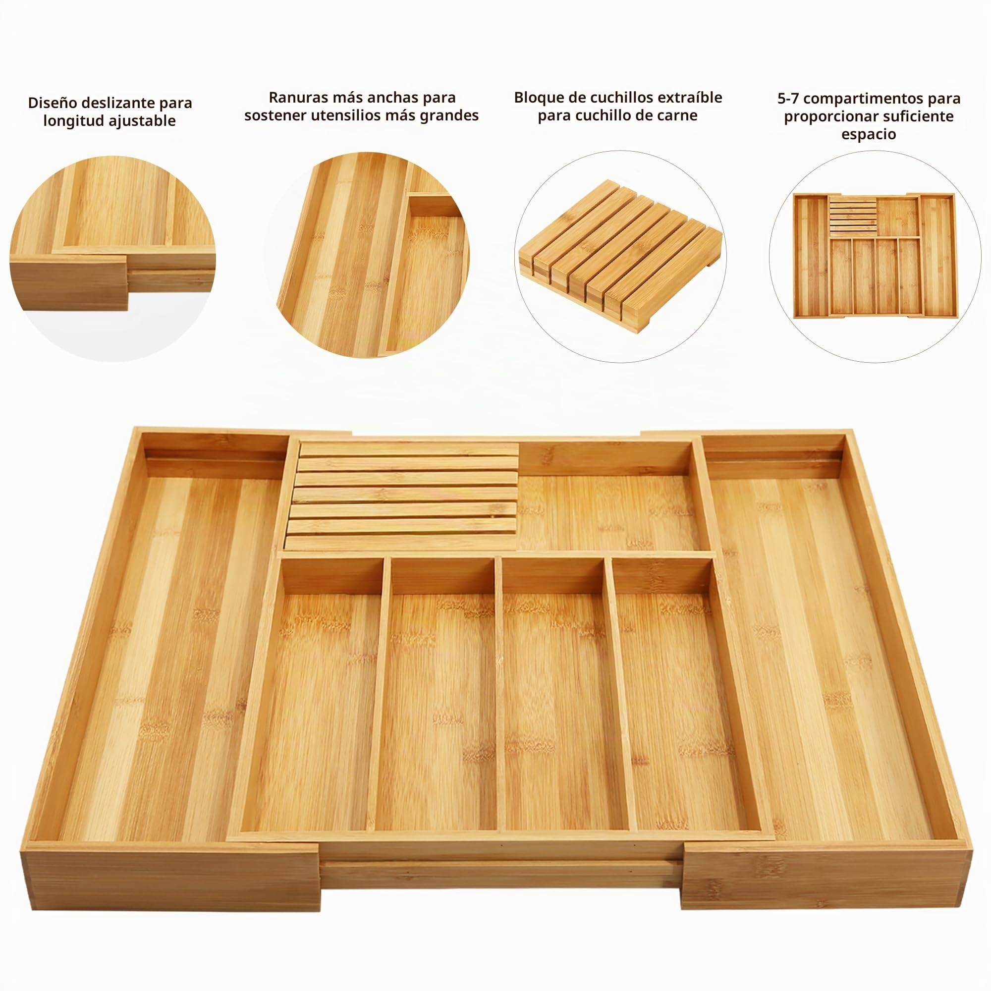 VaeFae Bandeja organizadora de cubiertos de bambú, organizador de cajones de cubiertos grande, 5-7 compartimentos, 32-55 cm, soporte extensible para utensilios de cocina, organizador divisor con