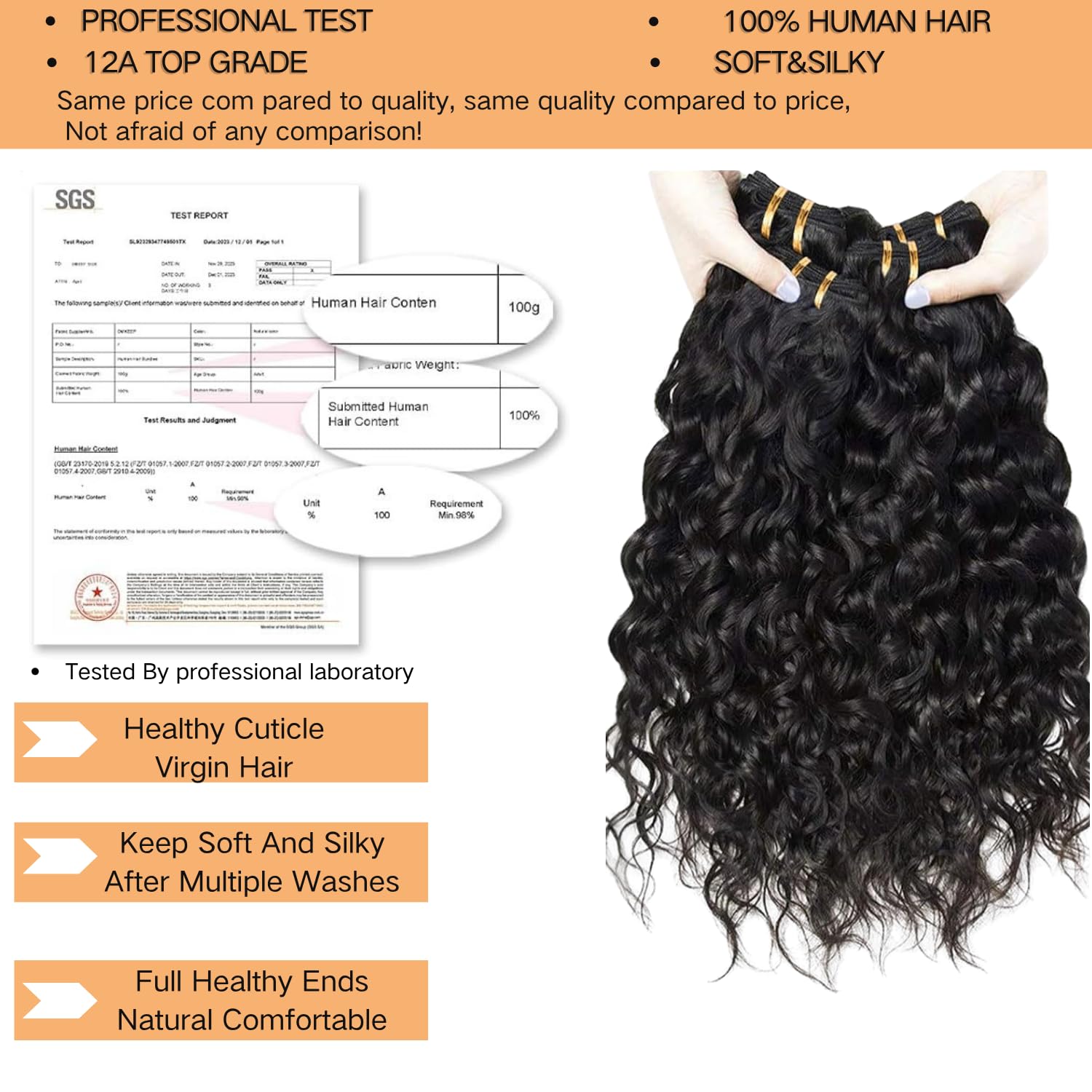 Water Wave Human Hair Bundles Echthaar Tressen Extensions Menschliches Haar Extensions 3 Bundles 100g/pcs Double Weft #1B Natural Black for Woman 12 14 16 Inches (300g Total)