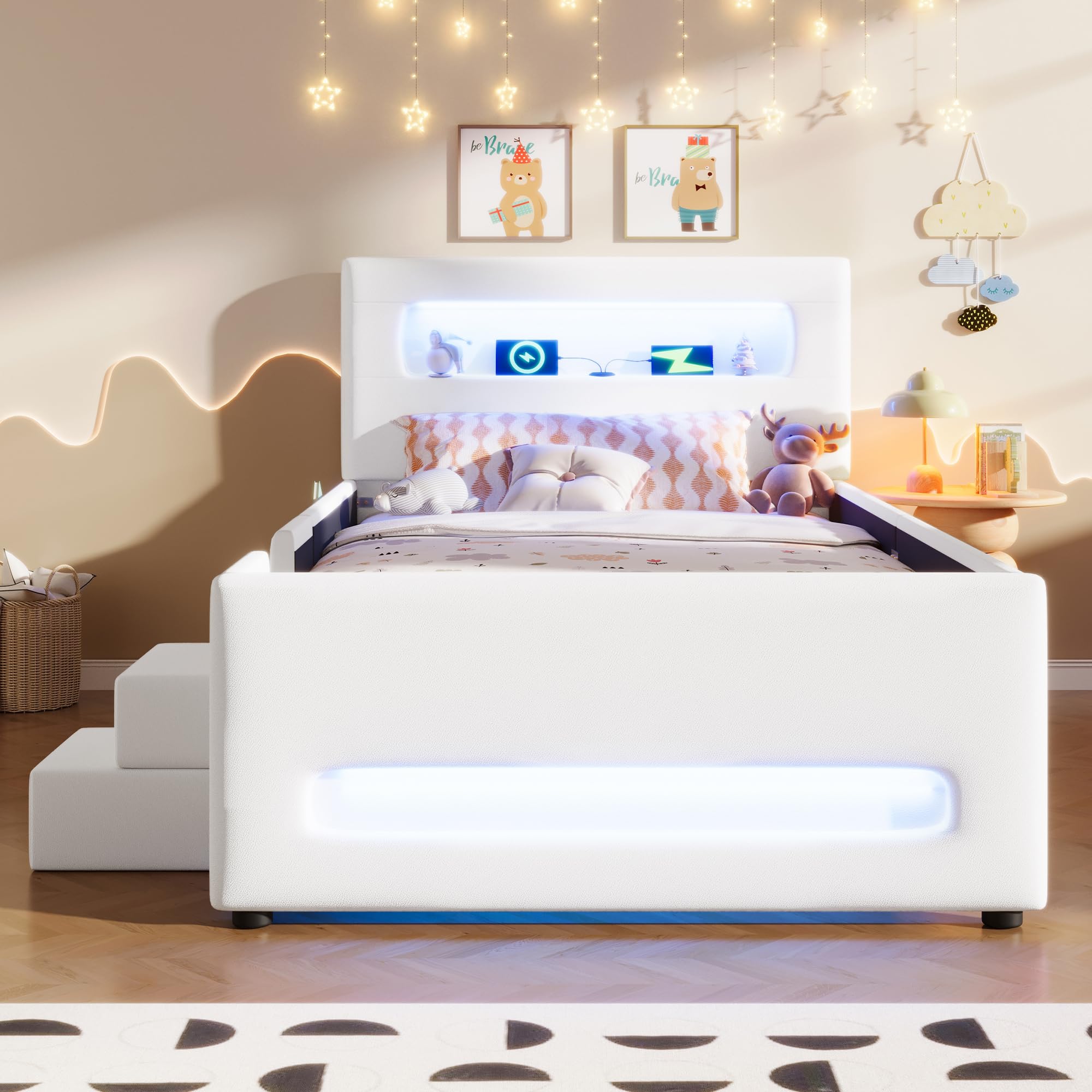 Tapicerowane łóżko platformowe 90 x 200 cm, białe, z szufladami LED, schody, USB