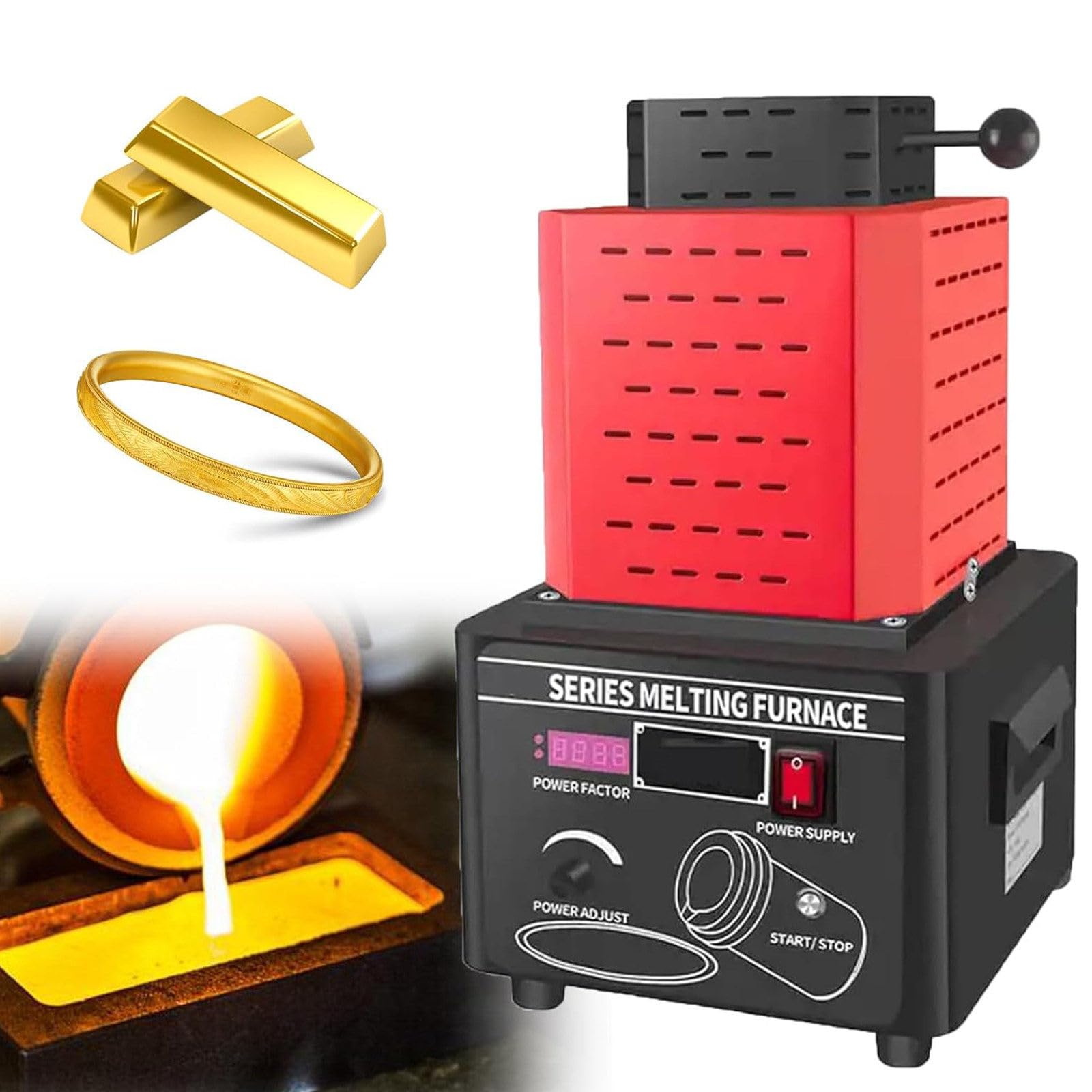 Electric Gold Melting Furnace 5000W Medium Frequency Induction Metal Smelting Machine, 1600℃/2902°F Gold Smelting Furnace with Graphite Crucible Metal Casting Kit Red-1KG