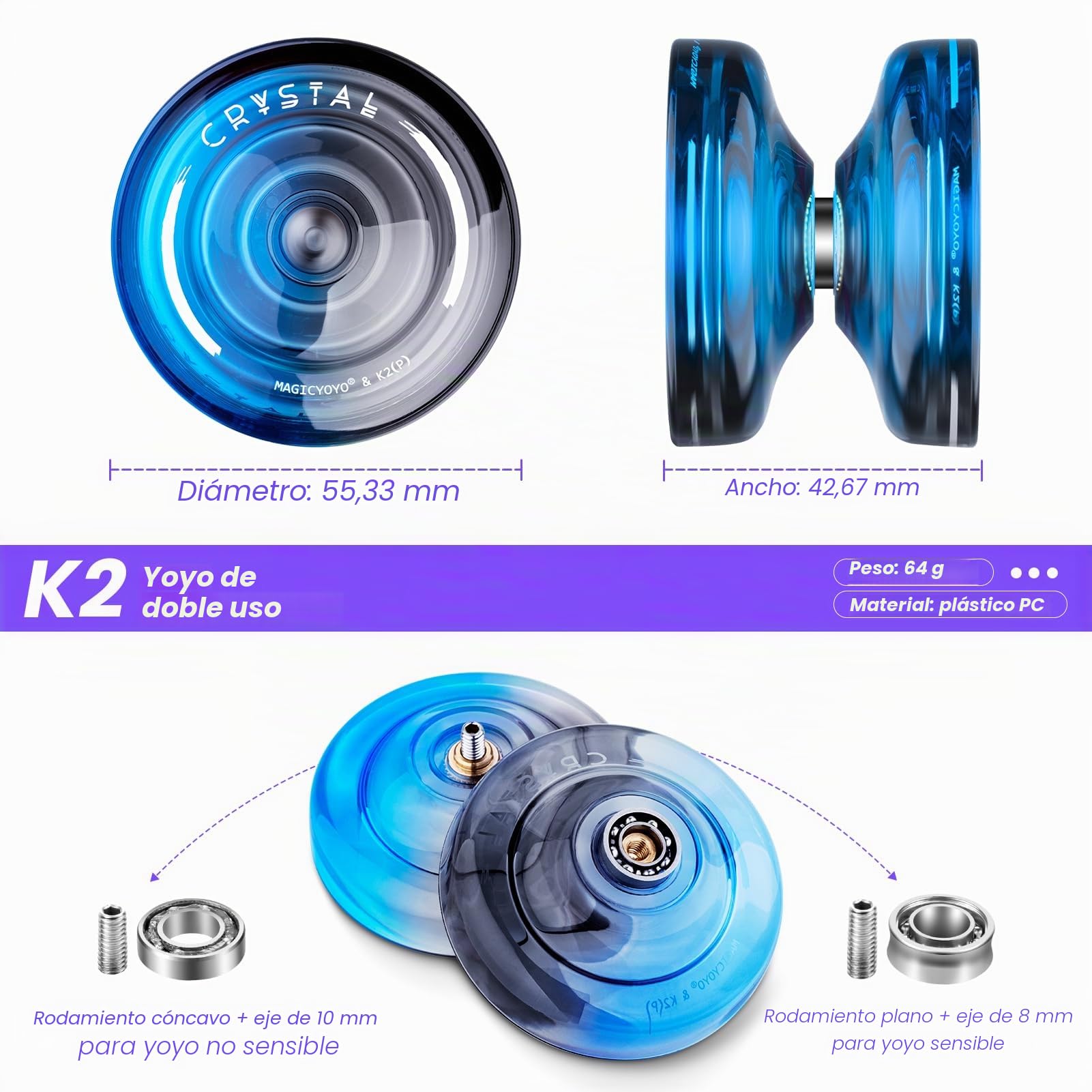MAGICYOYO Yoyo Sensible para Niños K2 Cristal Negro Azul, 2 en 1 - Yoyo Sensible y No Sensible, Truco de Dedo Girar con Rodamiento No Sensible, 12 Cuerdas, Bolsa Yo-Yo, Herramienta y Accesorios