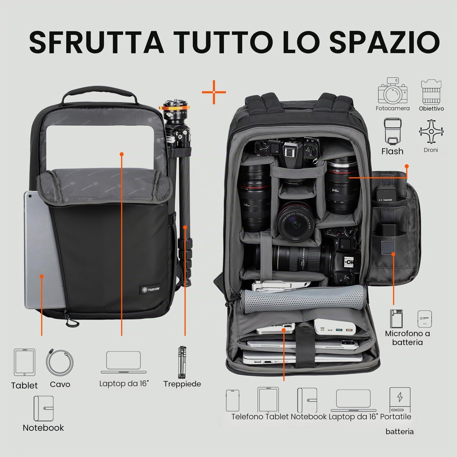 TARION Zaino Fotografico Grande Capacità: Zaino Impermeabile per Fotocamera Con Scomparto per Laptop da 16'' Borsa Fotografica Con Copertura Antipioggia TR-XL(Nero)