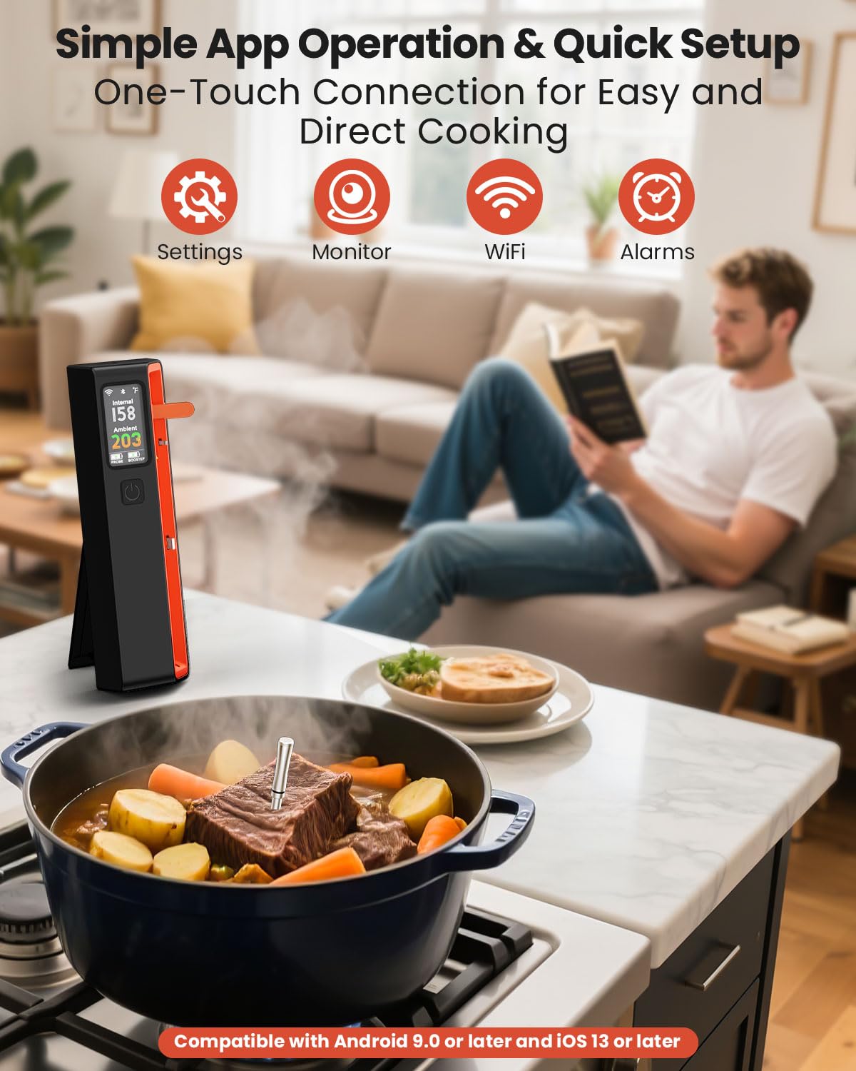 UNERVER Wireless Bluetooth Smart Meat Thermometer: ±0.5°F Precision, 1 Probe with 6 Sensors - WiFi Thermometer NIST Certified Accuracy, LED Smart Base, Long-Range for BBQ, Oven, Smoker, Rotisserie