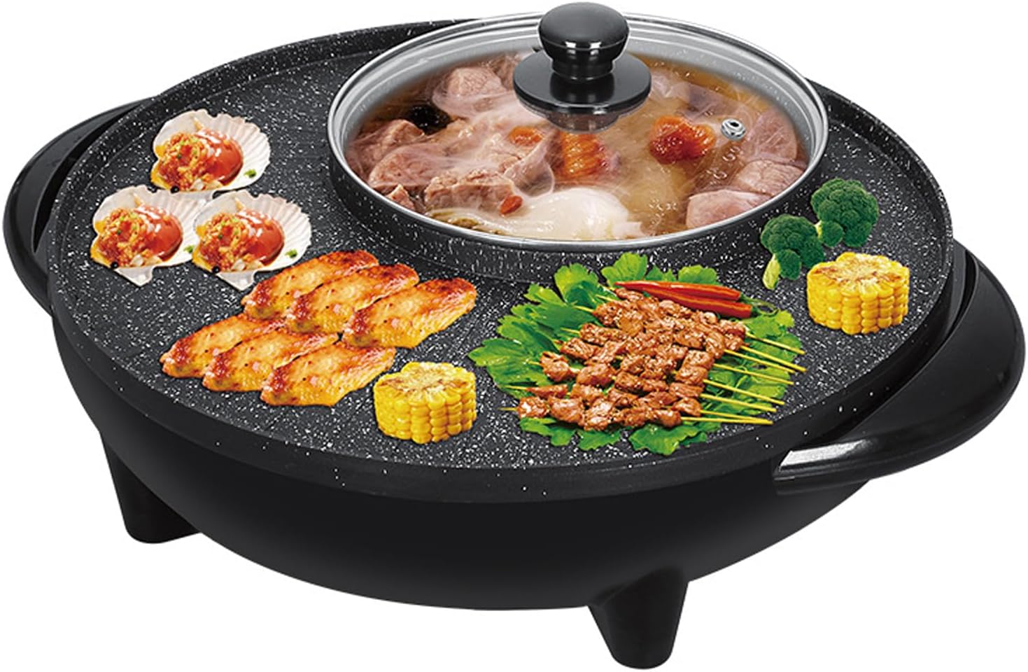 Olla Eléctrica 2 en 1 con Parrilla, Barbacoa Sin Humo, Ajuste de Temperatura