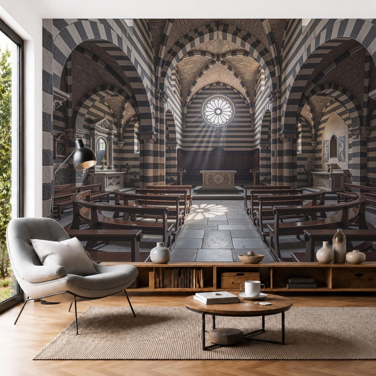Carta Da Parati Architettura gotica, Moda XXL Design Panca ad arco della chiesa Fotomurali in Seta 400x280cm Moderna Decorazione da Parete per Camera da Letto Soggiorno Nero