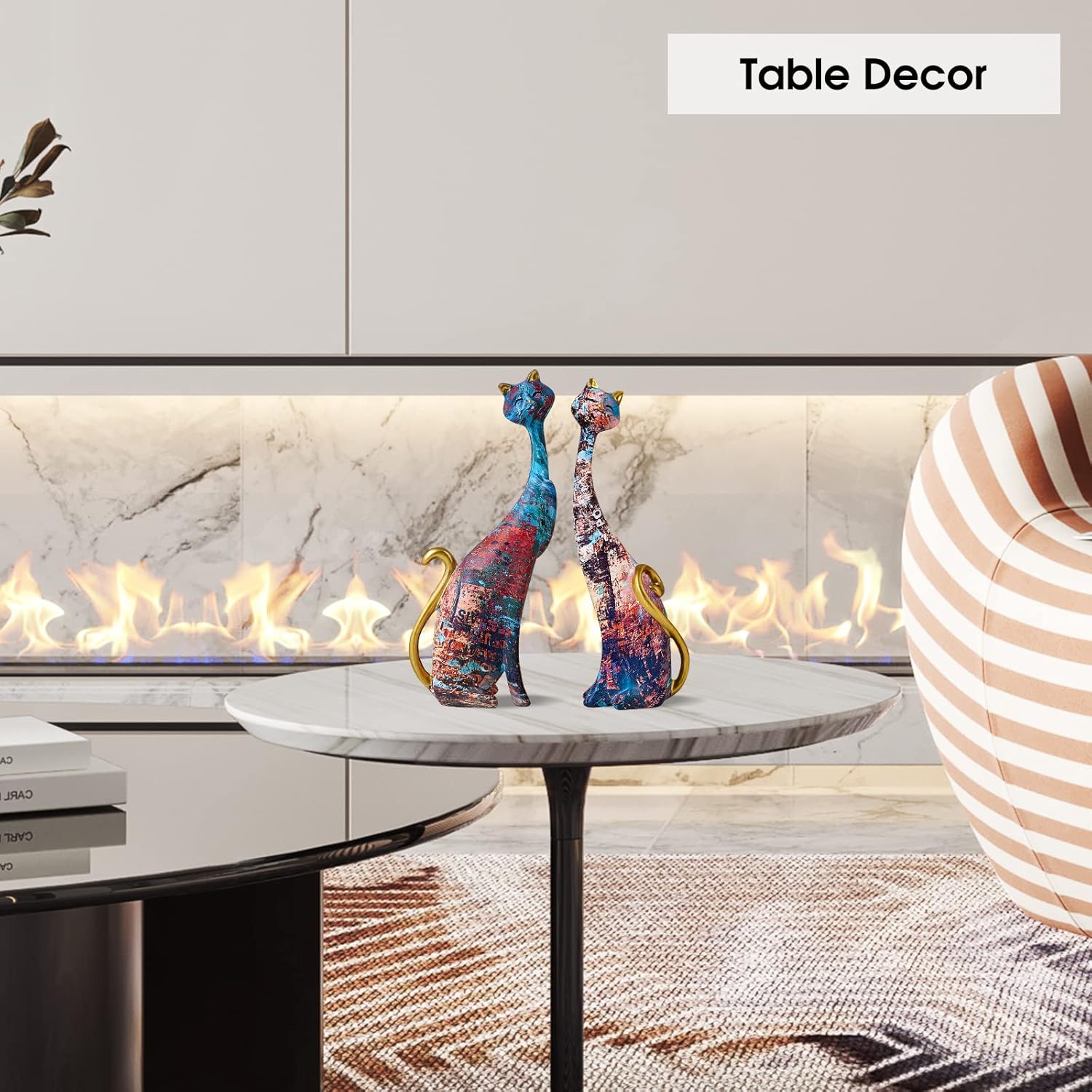 Octdays 2 Pcs Colorful Cat Statue Oil Painting Cat Couple Sculptures Set Modern Resin Figurines for Home Decor Living Room Bathroom Bookshelf Accents, Office Desk TV Stand Decorations