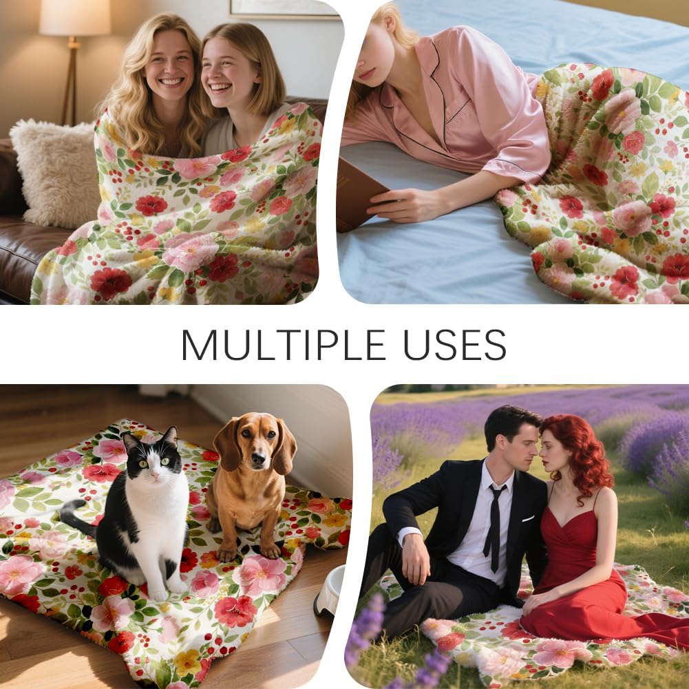 GLOBLELAND Wildflowers Throw for Women Men 59×51 inch Flowers Soft Cozy Flannel Blanket Washable Fuzzy Throw Blanket for Home Office Room Bed Sofa Chair Gift