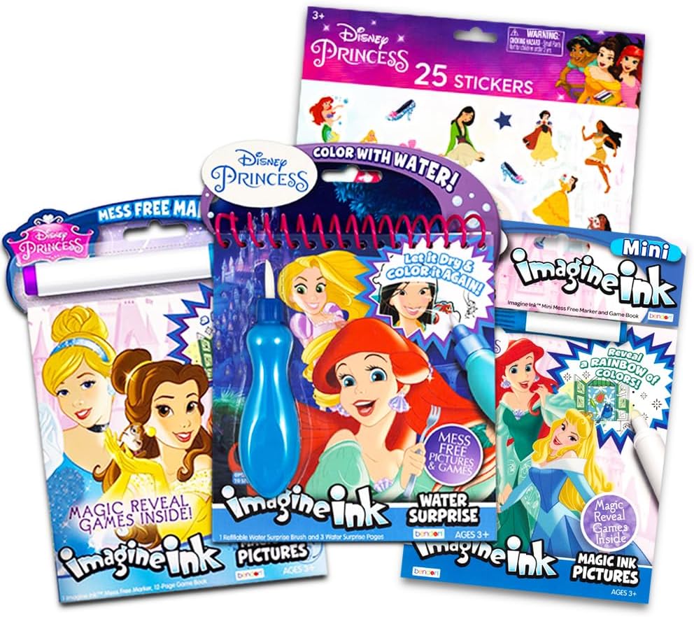 Disney Princess Imagine Ink Activity Book Set -- 3 Magic Disney Princess Coloring Books for Girls Kids Toddlers with Invisible Ink Pens, Stickers, Games, Puzzles, Mazes and More