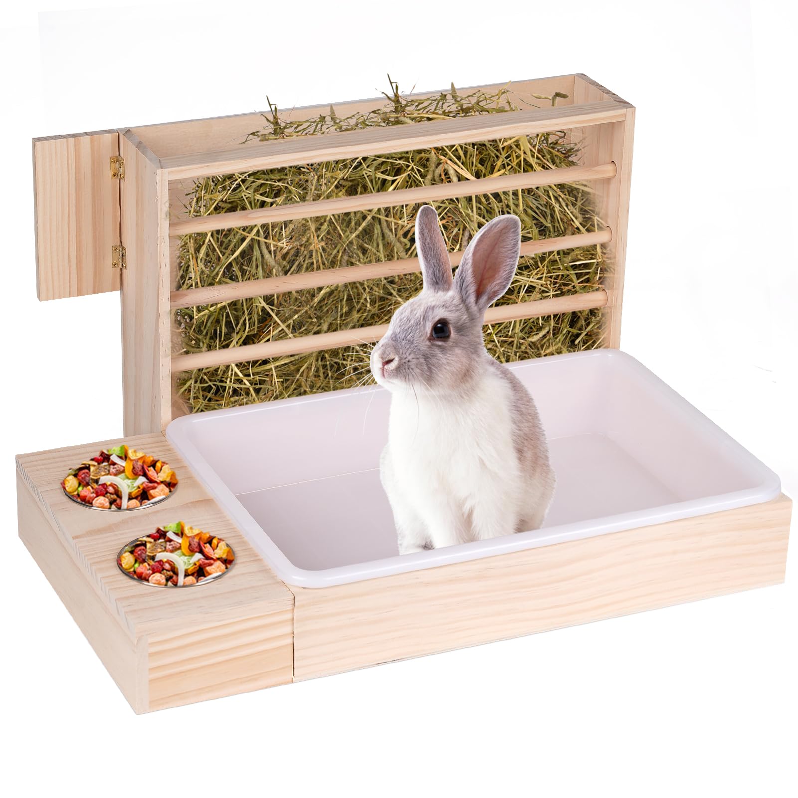 JLUHYANN Rabbit Hay Feeder with Litter Box 3 in 1 Wooden Bunny Feeder No Waste Hay Holder Rack with 2 Bowls and Litter Box for Small Animal Guinea Pig