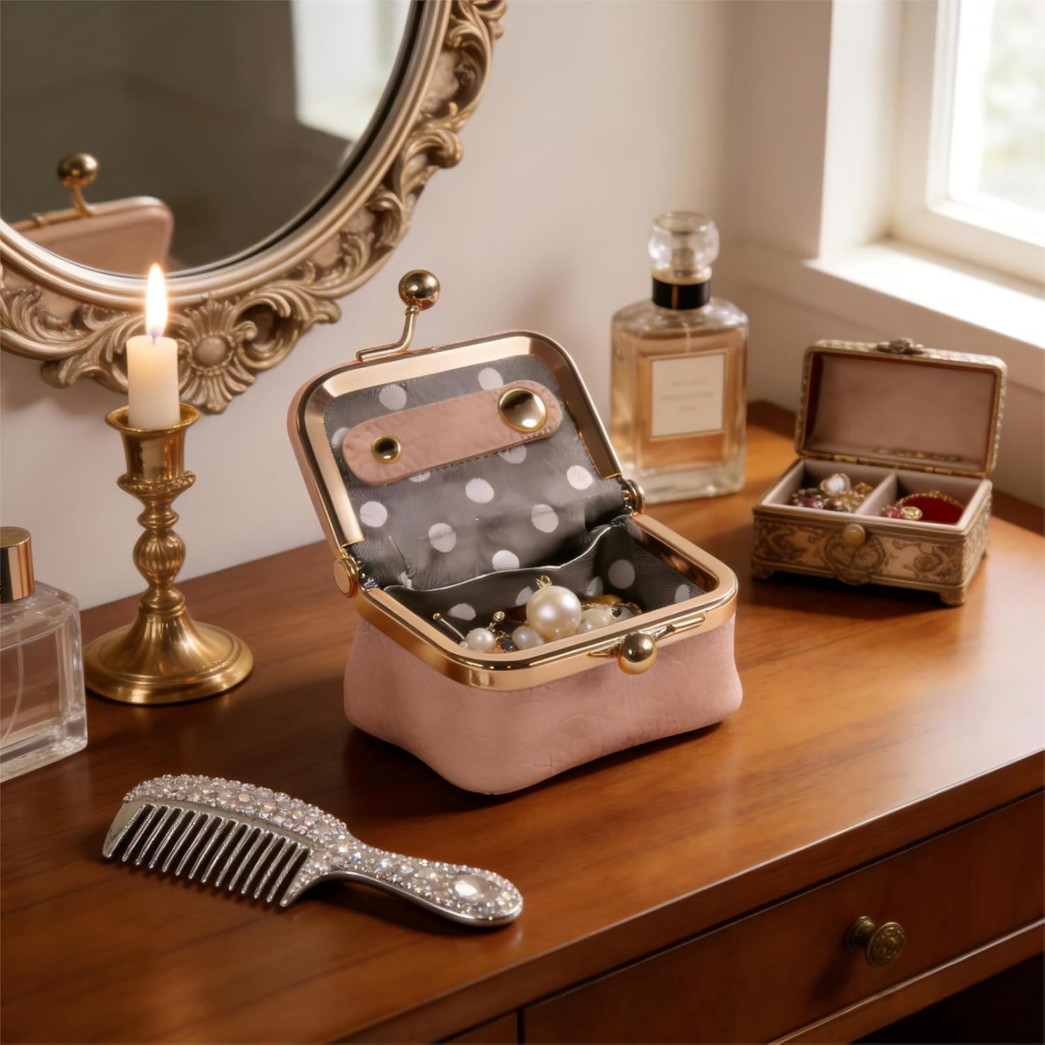 Leather Mini Jewelry Box Portable Vintage Coin Purse Travel Jewelry Case Organizer with Lock (Pink)