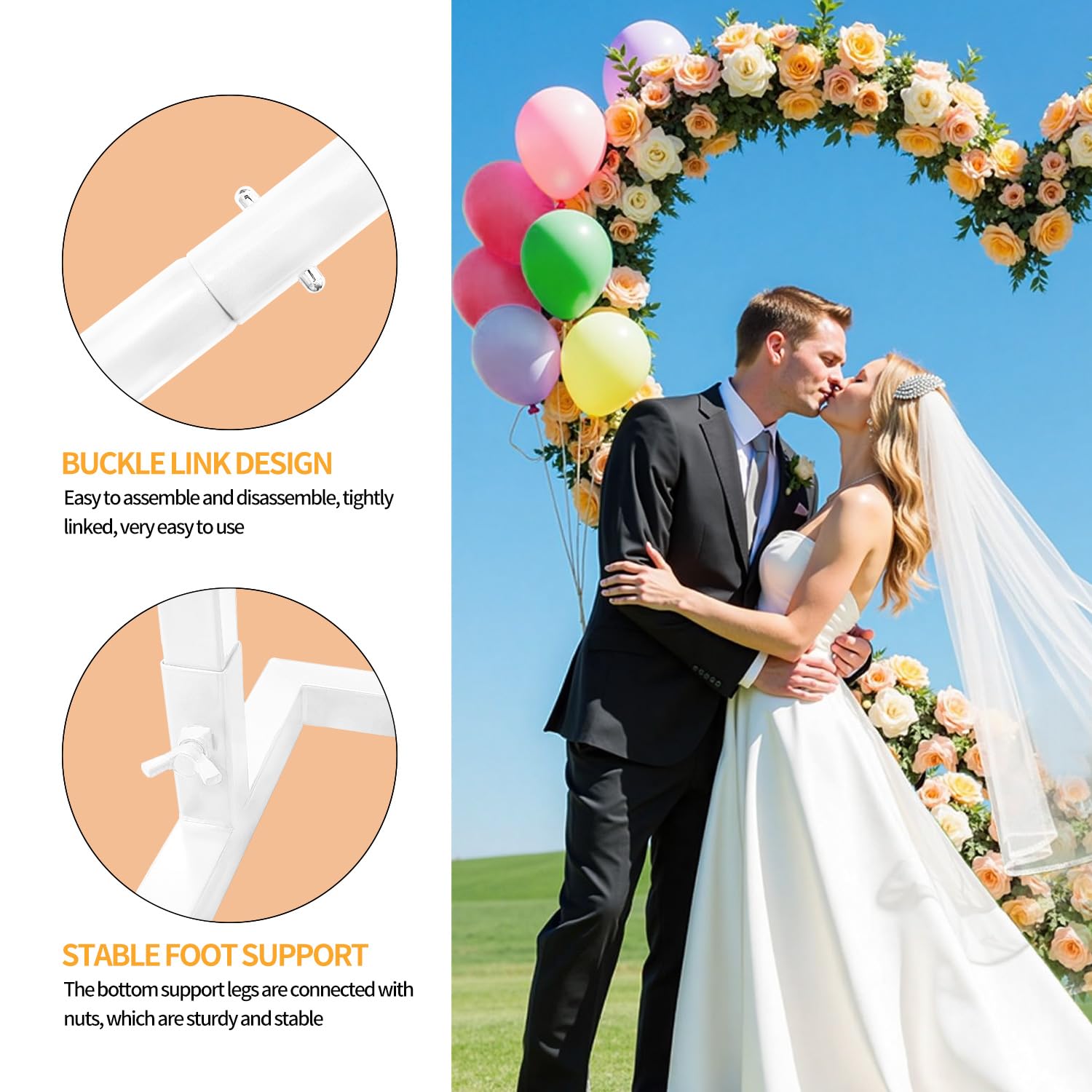 Doppelherzförmiger Hochzeitshintergrund aus Metall, weiße Blume, Ballon-Lauben, Ständer für Zeremonie, Geburtstag, Party, Abschlussfeier und Babyparty