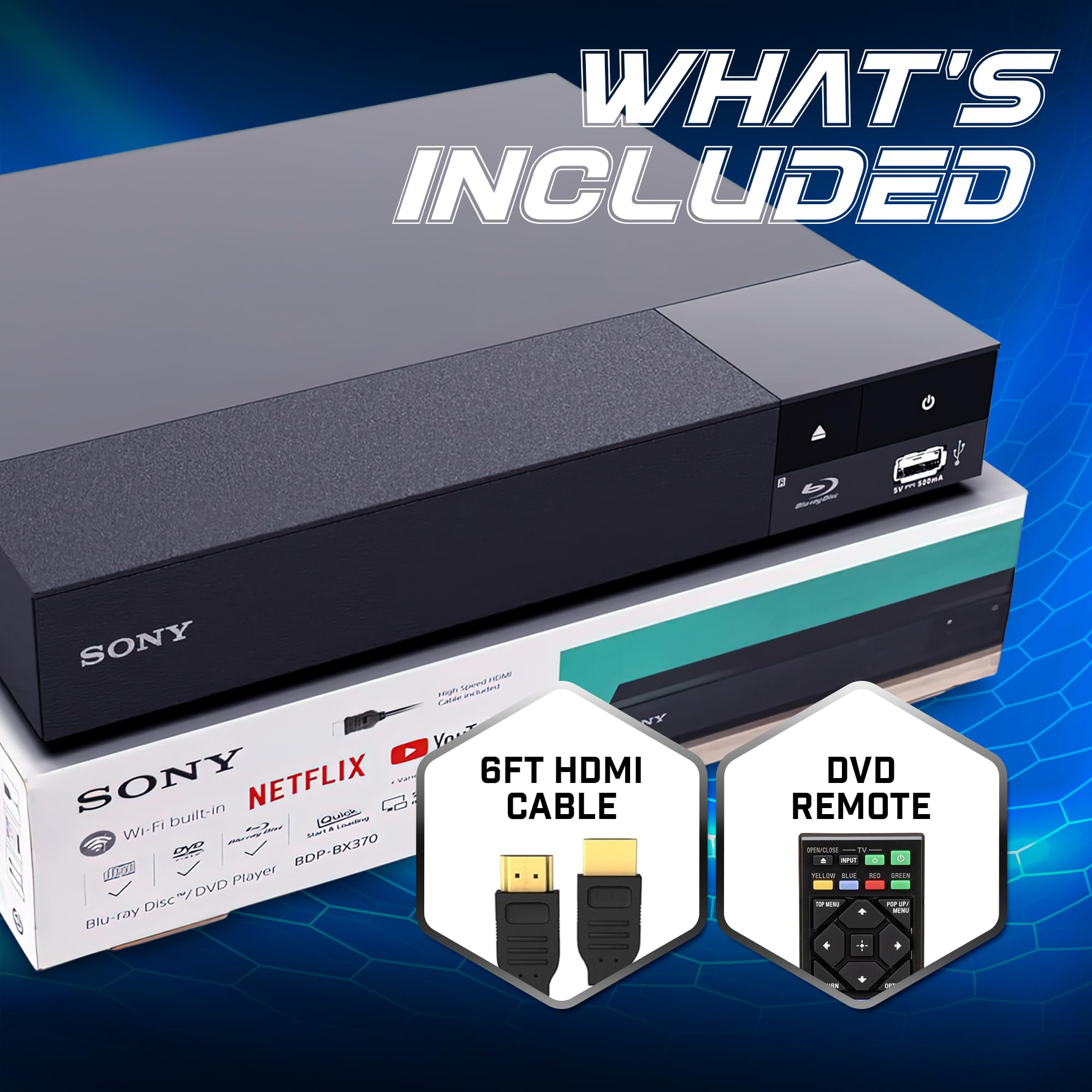 Lecteur Blu-ray Sony BDP-BX370 sans région | Code multi-régions | Blu-ray A B C, DVD 0-7 | Streaming WiFi | Dynastar 1,8m HDMI inclus