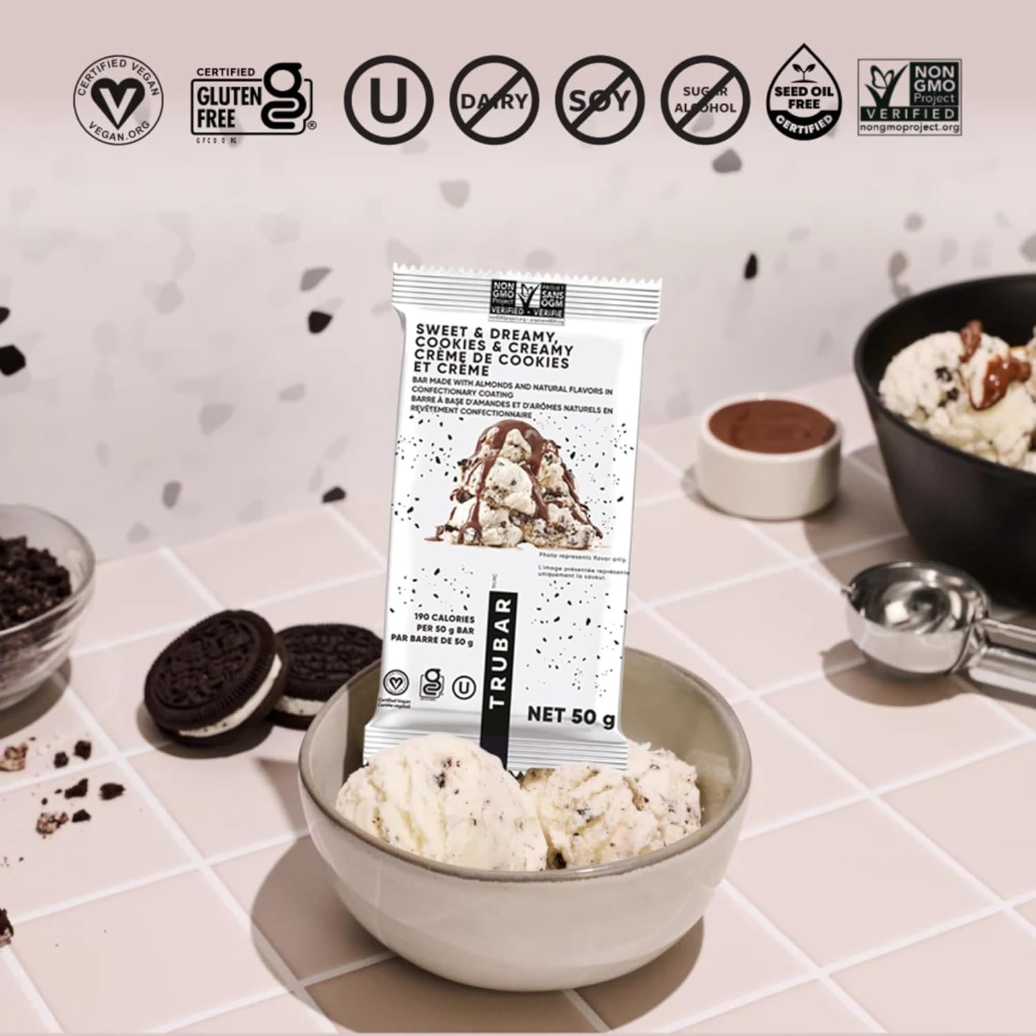 TRUBAR Vegan Protein Bar, Sweet & Dreamy Cookies and Creamy, Gluten Free, Plant Based Protein, Dairy Free, Non GMO, Soy Free, No Sugar Alcohols, 12G Protein, 12G Fiber, 23G Carb,Snack Bars, 12ct