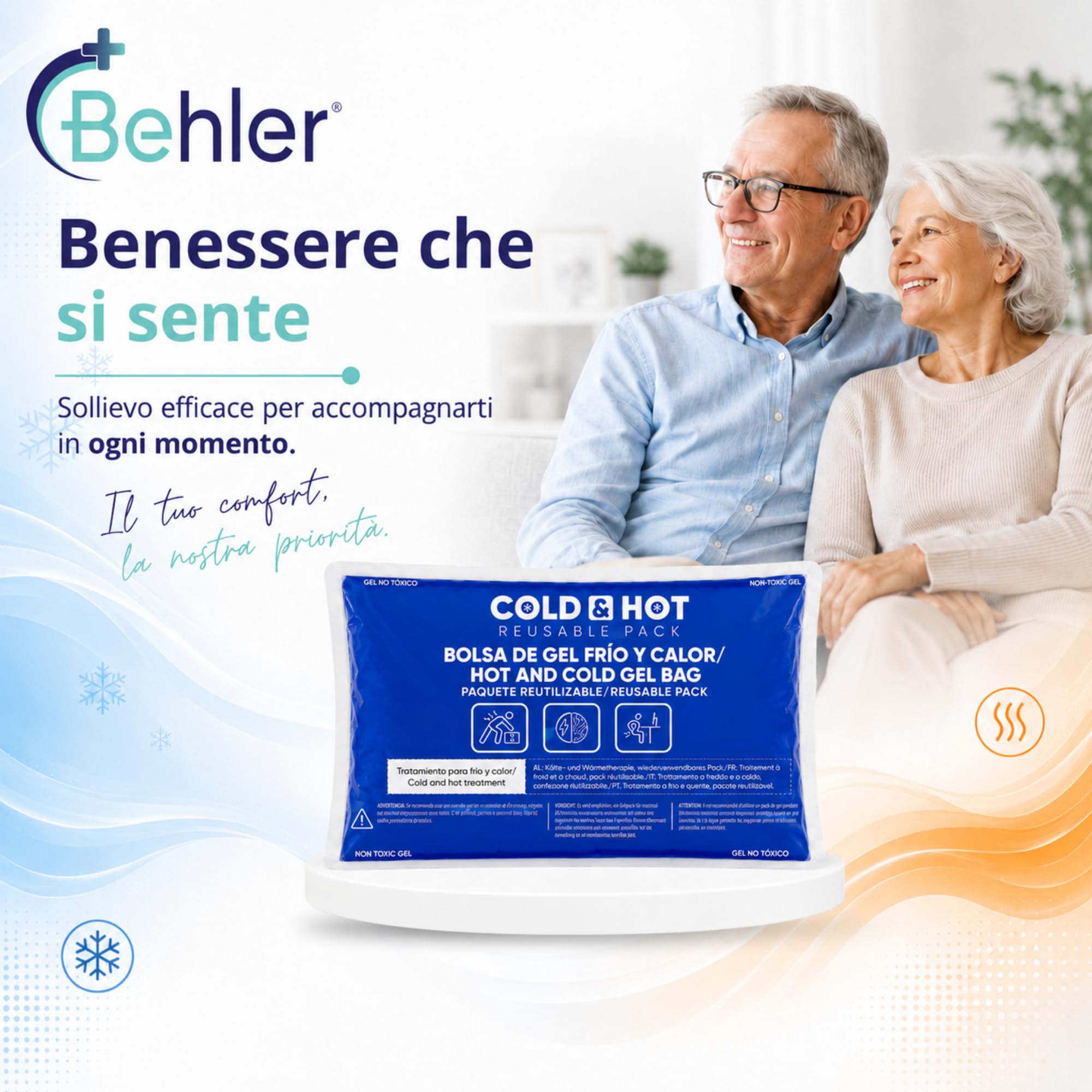 Ghiaccio Gel Riutilizzabile (26 x 15 cm) - Compressa fredda calda - Multifunzione - Ideale per Terapie, Dolori Muscolari, Febbre e Lesioni Sportive - Adatta per Frigorifero e Microonde.