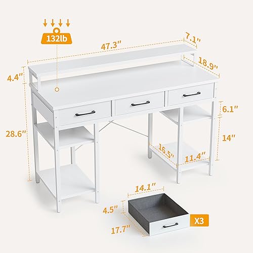 Miniatura 3 de CubiCubi Escritorio de oficina para computadora de 47 pulgadas con cajones de tela y estantes de almacenamiento, escritorio pequeño y moderno con