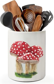 pinata Embossed Mushroom Kitchen Decor Ceramic Utensil Holder, Cute Embossed Mushroom Utensils for Farmhouse Indoor Kitchen Decorations Rustic Farmhouse Decor 6.3 inch