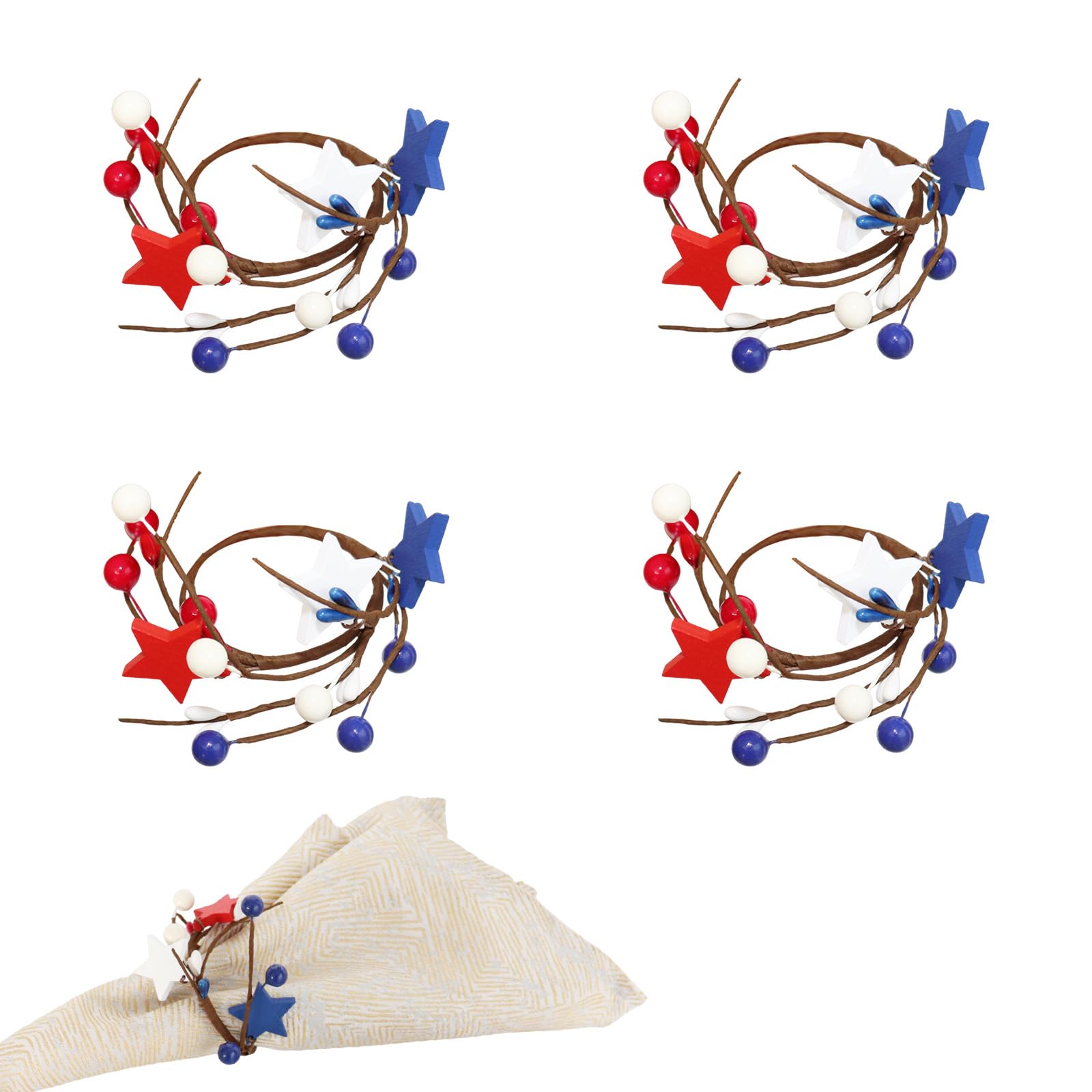 Servilleteros del 4 de julio pack de 4 anillos de madera artesanales con bayas para mesas