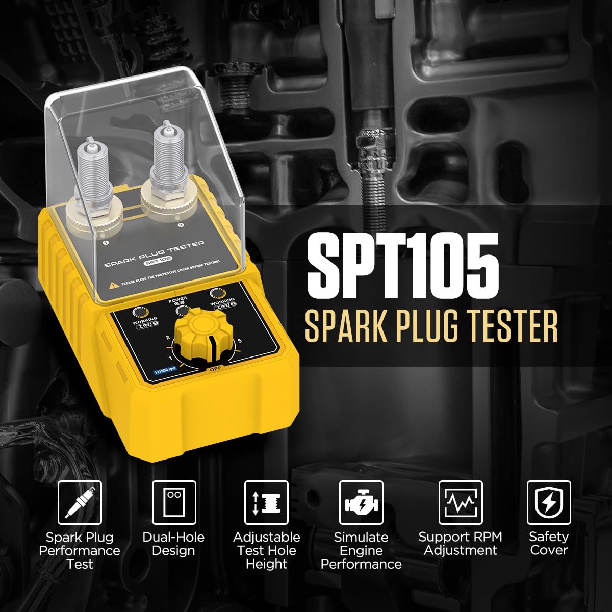 Zündkerzentester mit Dual-Loch, 0-6000 U/min Drehzahlregler, Höhenverstellbar bis 42mm, 12V Prüfgerät für Benziner & Motorrad, transparente Schutzabdeckung, Diagnosegerät für Kfz-Werkstatt und Hobby