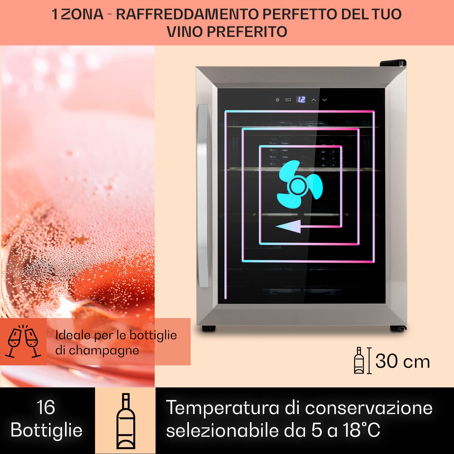 KLARSTEIN Vinamour - Frigorifero per vino Fridge con porta in vetro, con tecnologia Touch Control, 5-18 °C, autoportante, 1 zone, 16Fl./42l