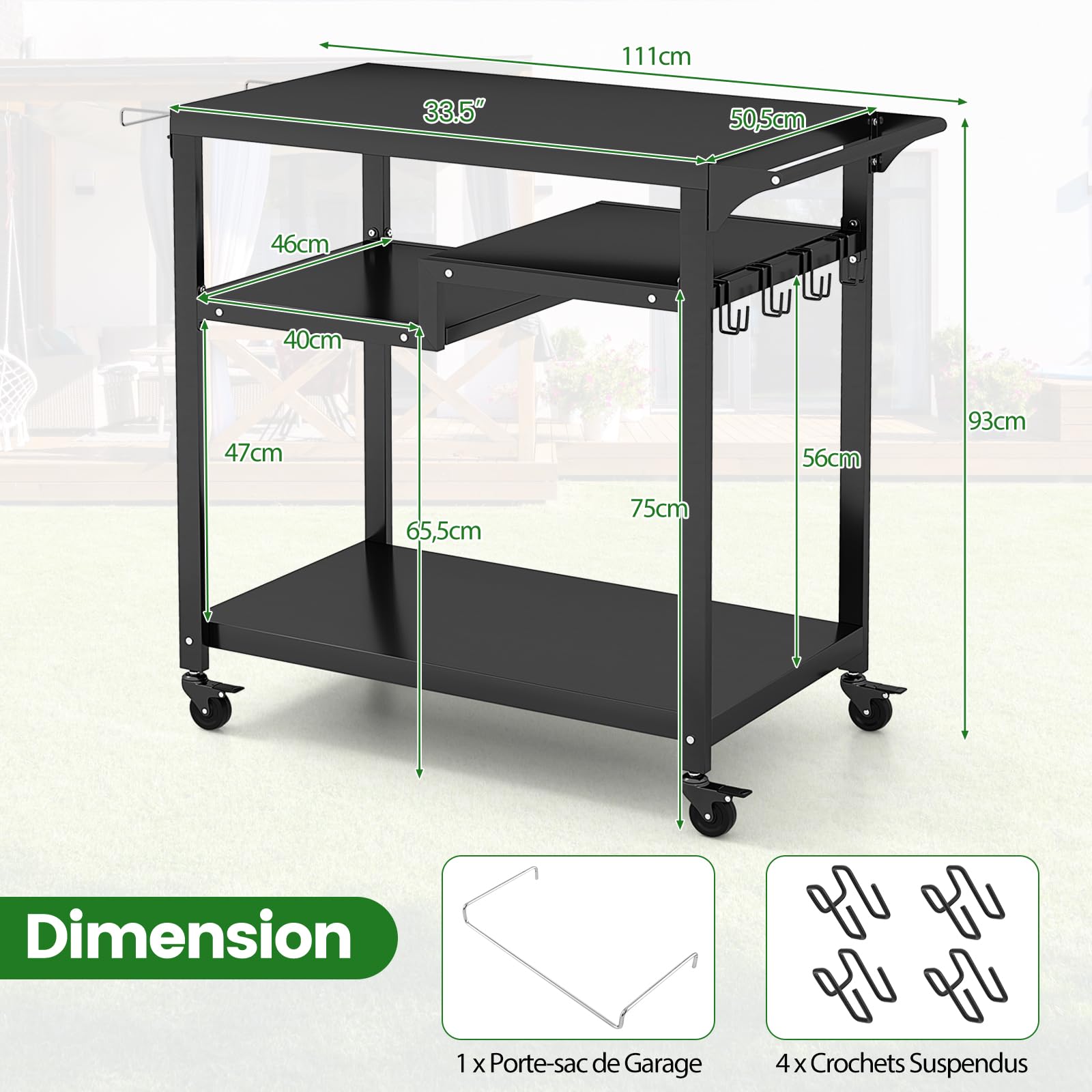 GOPLUS - Carro de barbacoa con 4 ruedas, postre exterior para barbacoa, plancha con 4 ganchos y estante, 111 x 50,5 x 93 cm, carga 50 kg, UI21160ELFR