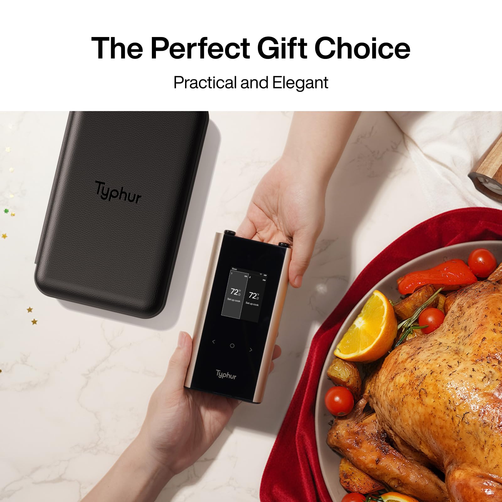 Typhur Sync Gold Double thermomètre à viande WiFi sans fil avec étui de transport, 2 sondes fines, 6 capteurs, signal 10 fois plus fort, précision ± 0,-15 °C, base intelligente, lecture fiable pour