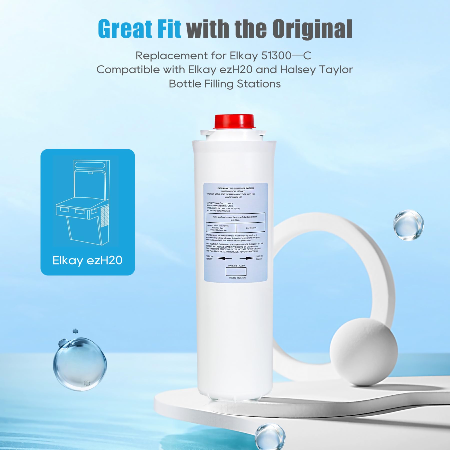 51300/C, Replacement for Elkay 51300/C, Replacement 55898C Filters, Replacement Bottle Stations Compatible with Ezh2o Filter ERF750, 55898C, EWF3000(No Chip 6-Pack)