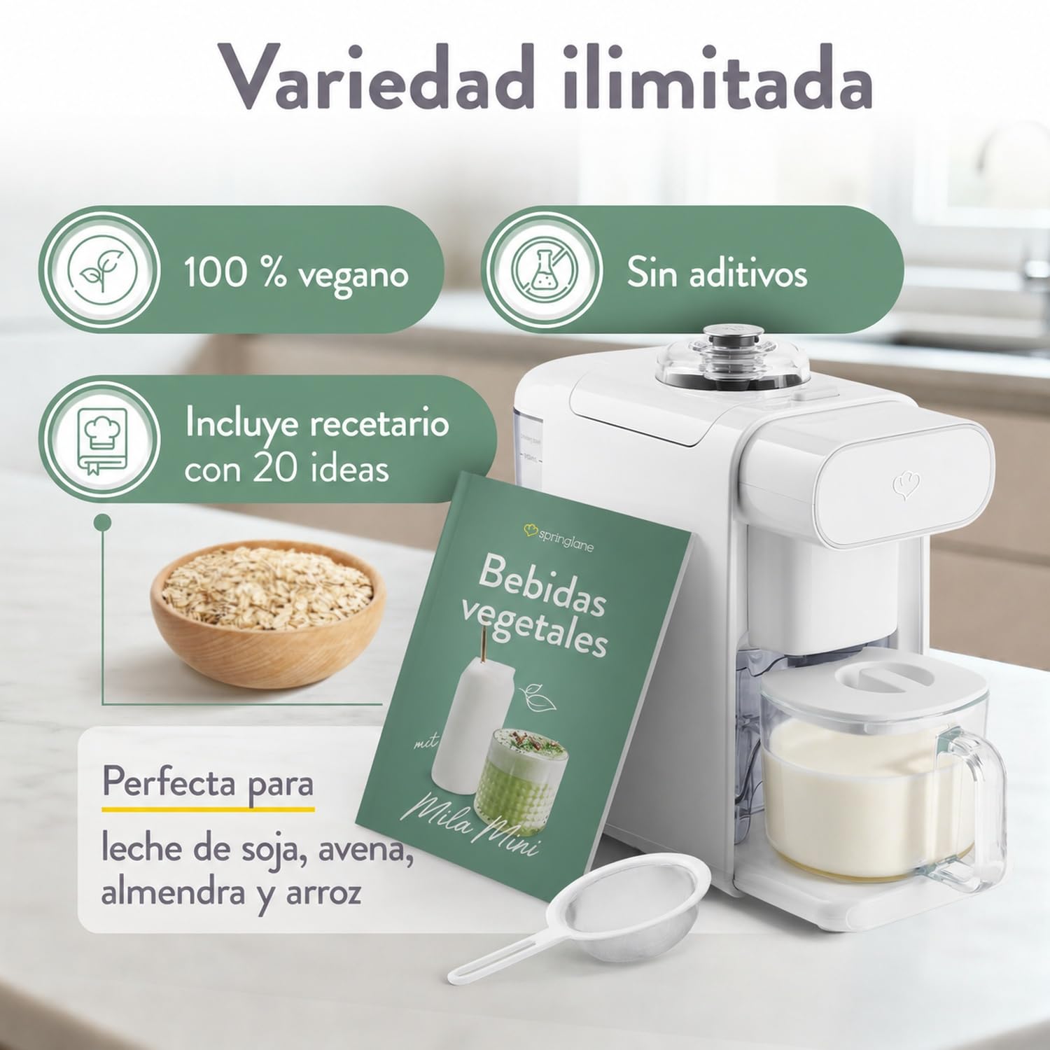 SPRINGLANE - Batidora de leche vegetal Mila con colador para la preparación de todo tipo de leches vegetales (0,6 litros de leche vegetal)