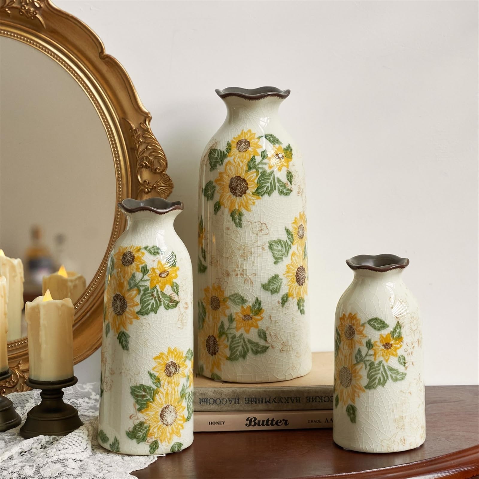 Vasen Keramik-Sonnenblumenmuster, dekorative Blumenvasen, Crackle-Glasur-Vase for Zuhause, Wohnzimmer, Tischdekoration Deko vase(Groß)