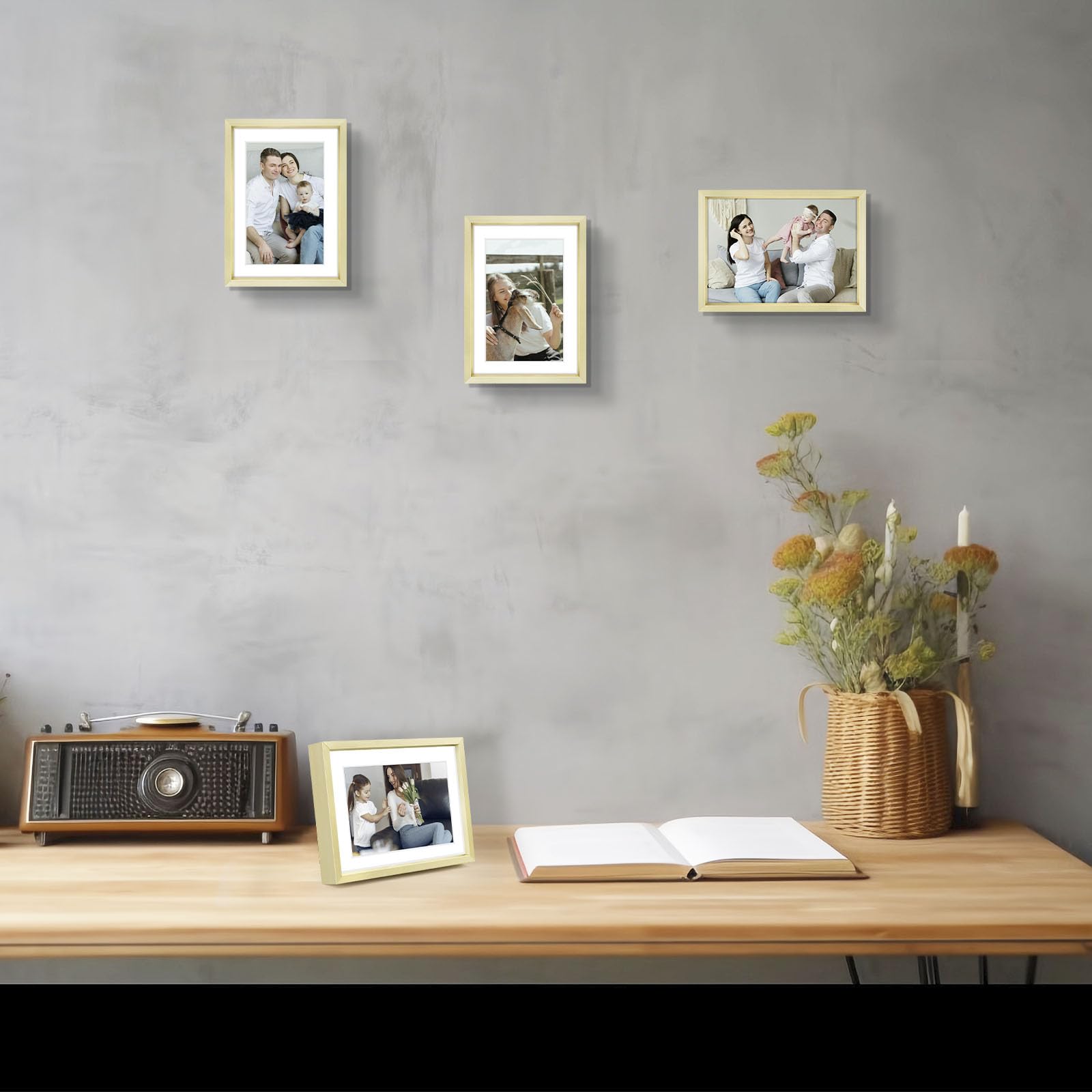 Rahmen aus Aluminium mit elfenbeinfarbenen Matten für 4 x 6 Bilder / Fotos – Tischplatte Display – Echtglas, Schwenkbare Rücken, Staffeleiständer, Hoch- und Querformat – Metallsammlung Modern 5x7 gold