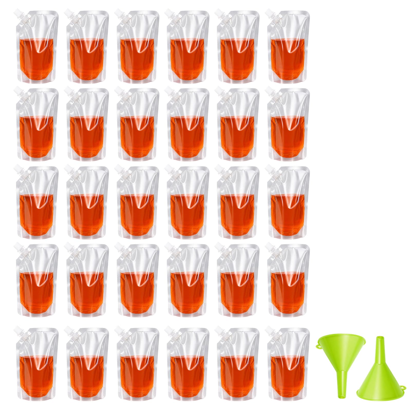 30 Pcs Clear Drink Pouches, Water Pouches with Two Funnels, Reusable Drinks Pouches for Festivals, 250ml Drink Pouches, Drinks Bag for Festivals Party Beverage Travel Sports