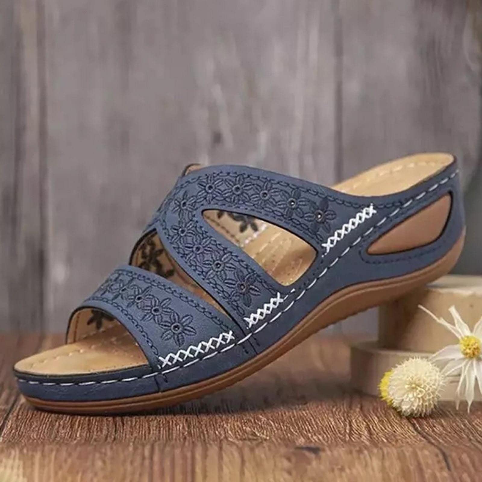 KQIVAM Women's Summer Orthopedic Sandals Leather Bohemia Open Toe Platform Slippers Summer Wedges Slippers Comfortable Breathable Sandals Chic Vintage Fashion Beach Shoes - 3