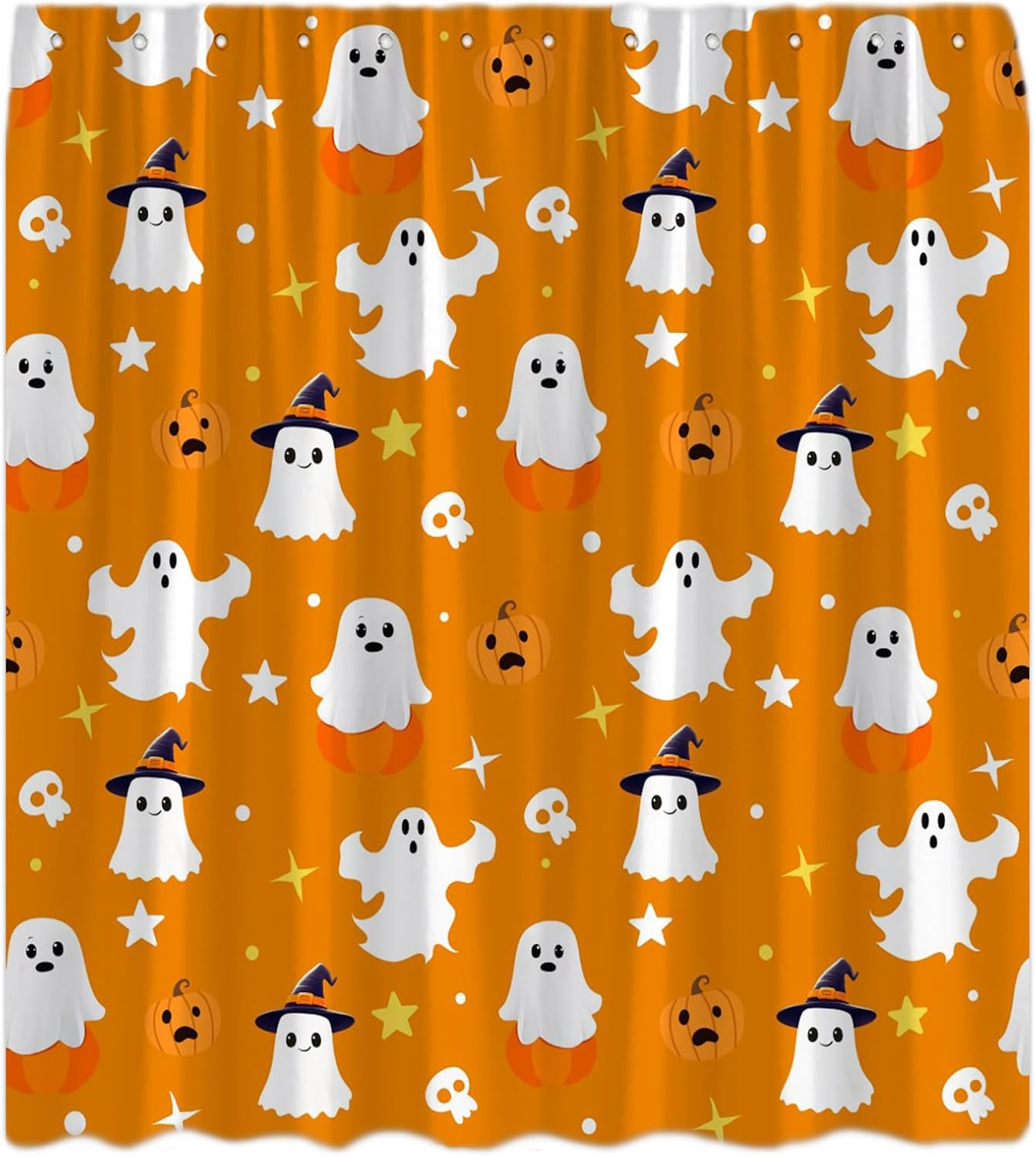 Orange Halloween Shower Curtain Cute Ghost Spooky Pumpkin Horror Skull Funny Cartoon Skeleton Gothic Scary Bathroom Curtain with Hooks