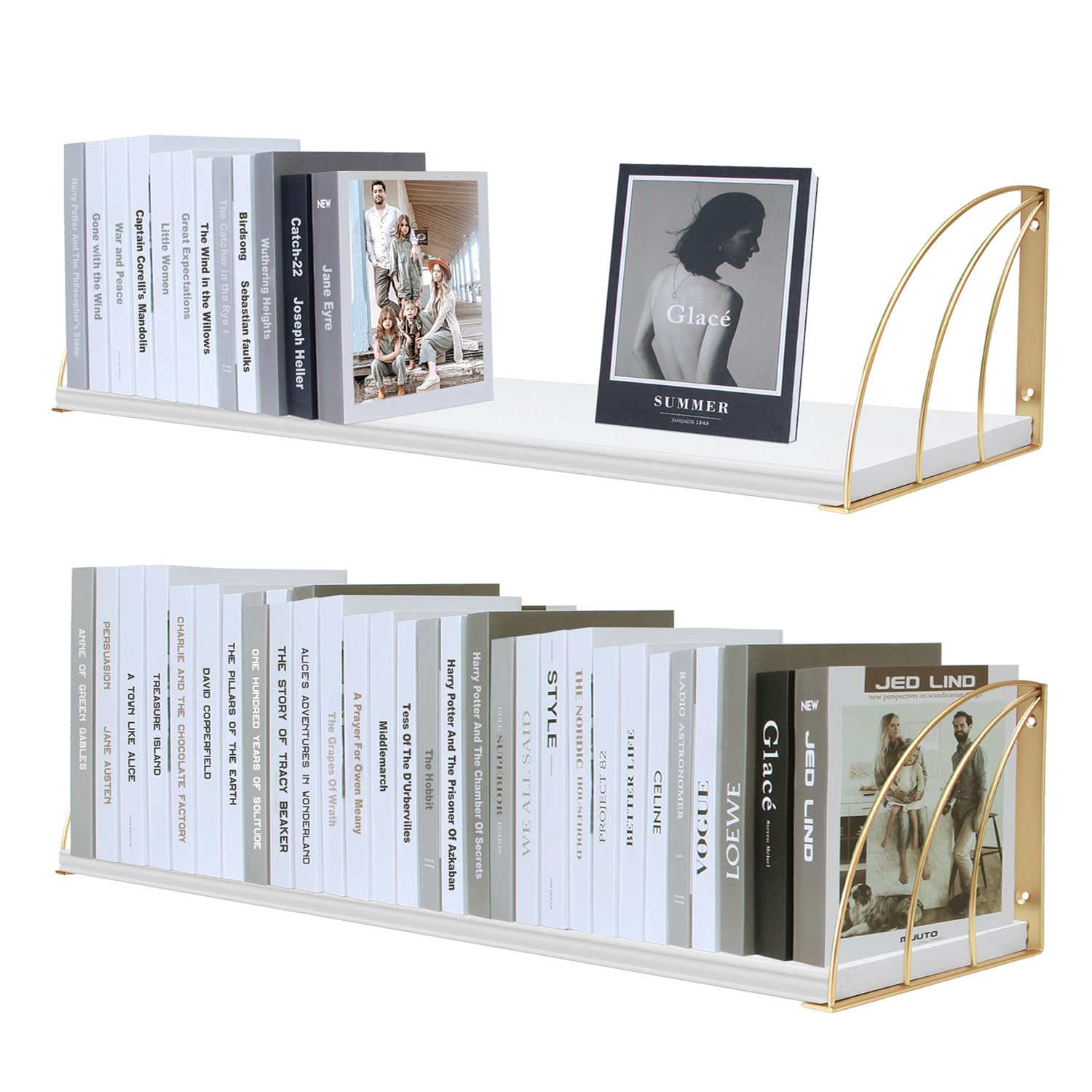 KDCMXS Thicked 0.71 in Heavy Duty White and Gold Shelves Pine Wood Large 36 Inch Gold Shelf with Elegant Lines,White Gold Floating Shelves,White Gold