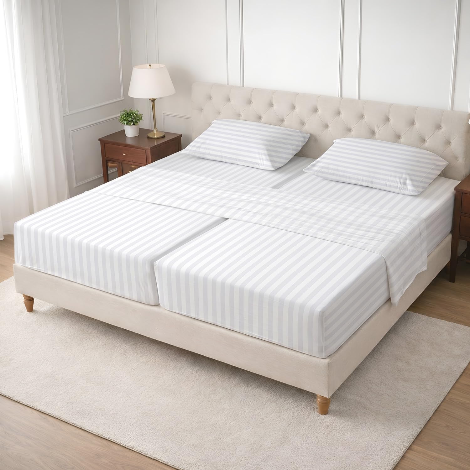 SGI Split King Sheet Set for Adjustable Bed Egyptian Premium Cotton 600 Thread Count Sheets for Sleep Number Bed 15" Deep Pocket 5 Pc Set with 2 Twin XL Fitted Sheets Soft Breathable -White Stripe