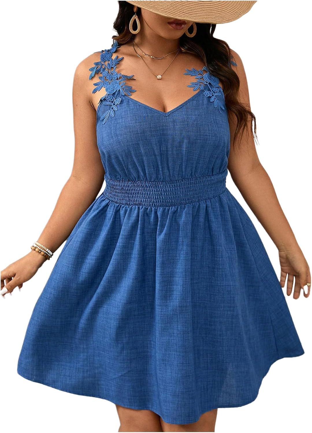WDIRARA Women's Plus Size Lace Appliques A Line Short Sundress Smocked V Neck Sleeveless Tank Dress