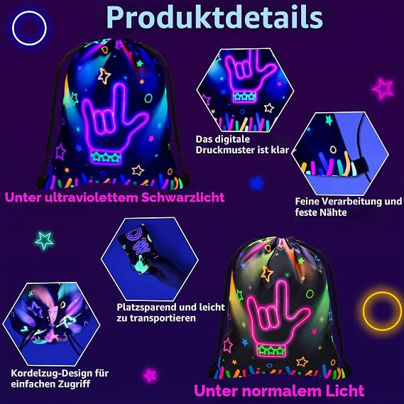 12 Stück Neon-Geschenktüten Mit Kordelzug Leuchtende Rucksäcke Goodie Bags Neon Partyzubehör Geschenktaschen für Geburtstagsfeiern Glow Partydekorationen Leuchtendes Partyzubehör für Die Dunkelheit
