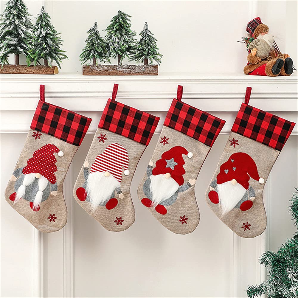 Calze natalizie a forma di gnomi con motivo a forma di sacchetto regalo per camino, decorazione per albero di Natale, 45,7 cm, 4 pezzi