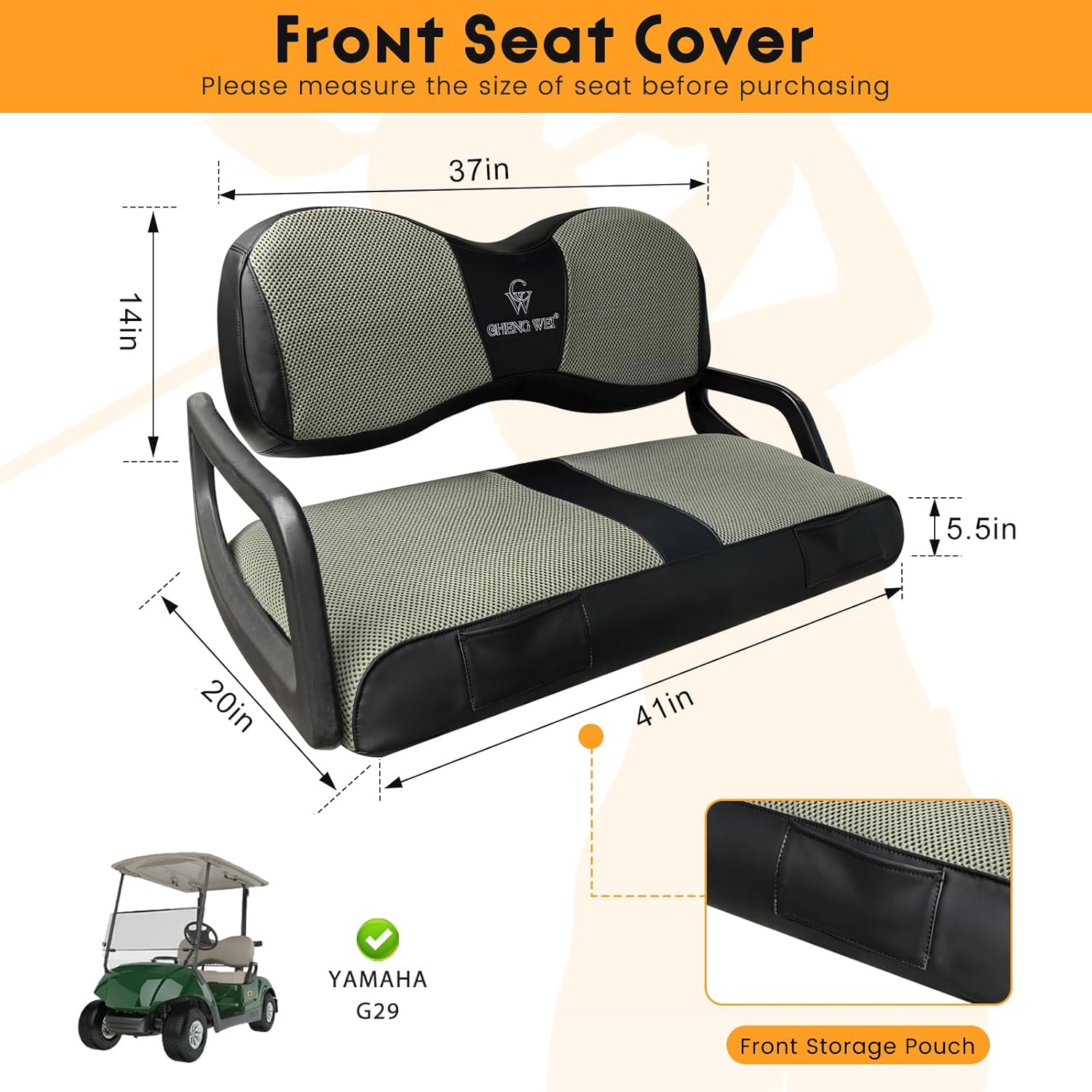 Golf Cart Seat Covers with Pockets Fits Yamaha G29/Drive2 Front Standard Seat Cushion,Cooling Mesh Fabric and Vinyl Leather Yamaha Seat Covers,No Stapler Needed Replacement Front Seat Cover(Grey)
