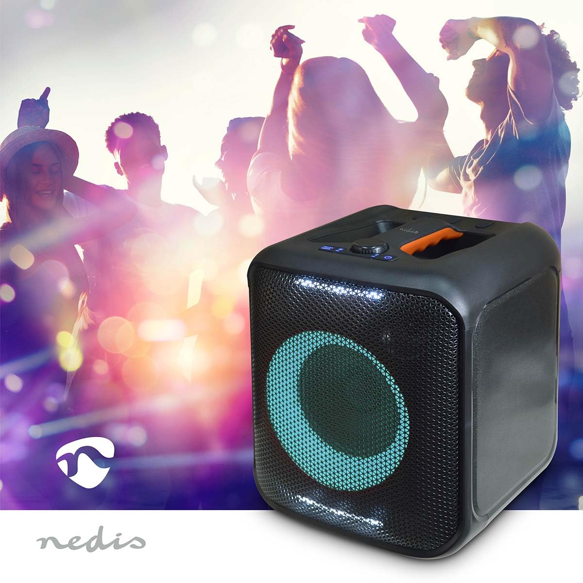 Nedis Altoparlante per feste Bluetooth - massimo tempo di riproduzione: 5 ore - 150 W - Maniglia - Luce per feste - Collegabile - Equalizzatore - Arancione/Nero