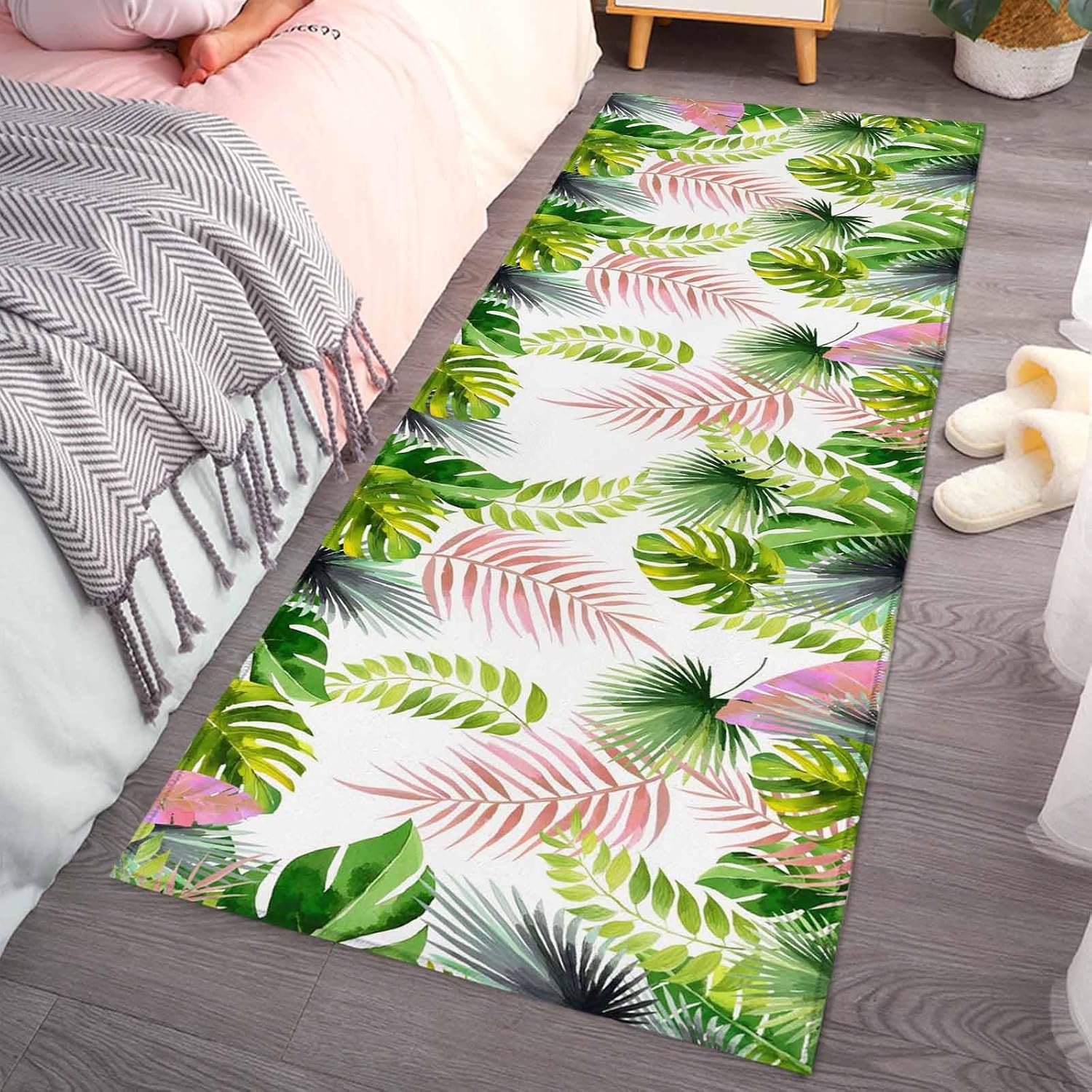 Teamery Kitchen Mats for Floor Watercolor Monstera Palm Leaves Washable Non Slip Kitchen Rugs 1PCS, Tropical Plant Green Pink Absorbent Standing Mats for Sink Bathroom Office Living Room 15.7x47.2in