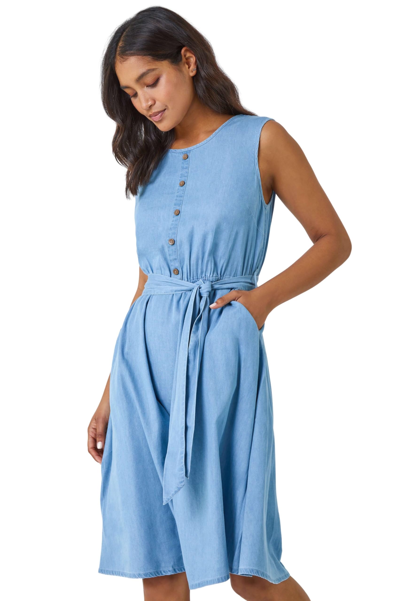 Roman Originals Women's Light Denim Sleeveless Belted Cotton Dress For Uk - Everyday Holiday Spring Summer Round Neckline Comfy Soft Evening Vacation Work Party - Size 20