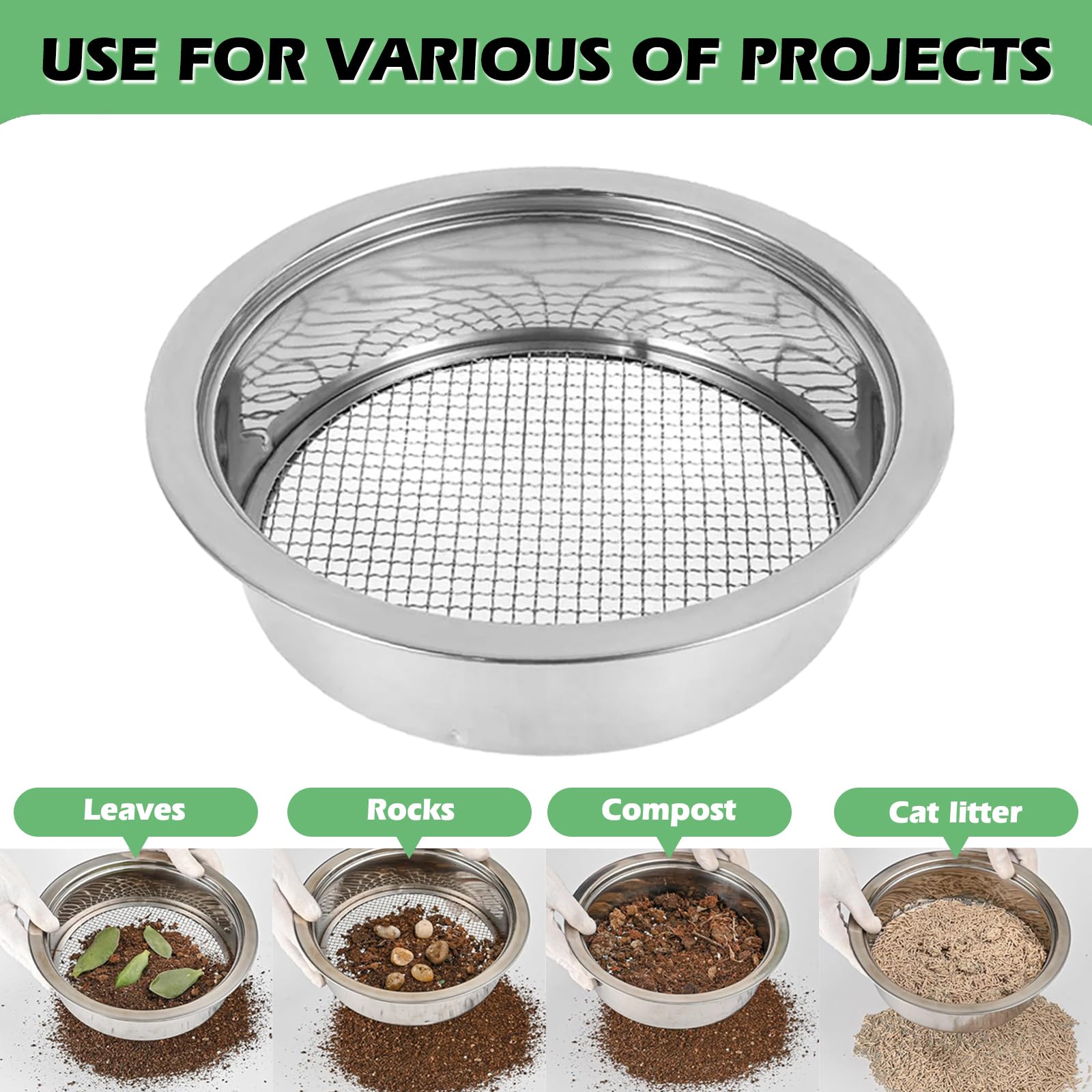 Juego de colador de jardín de acero inoxidable redondo de 20 cm con 5 tamices intercambiables y paleta, diámetro de 1, 3, 5, 7, 9 mm, colador de compost de acero inoxidable para tierra, piedras