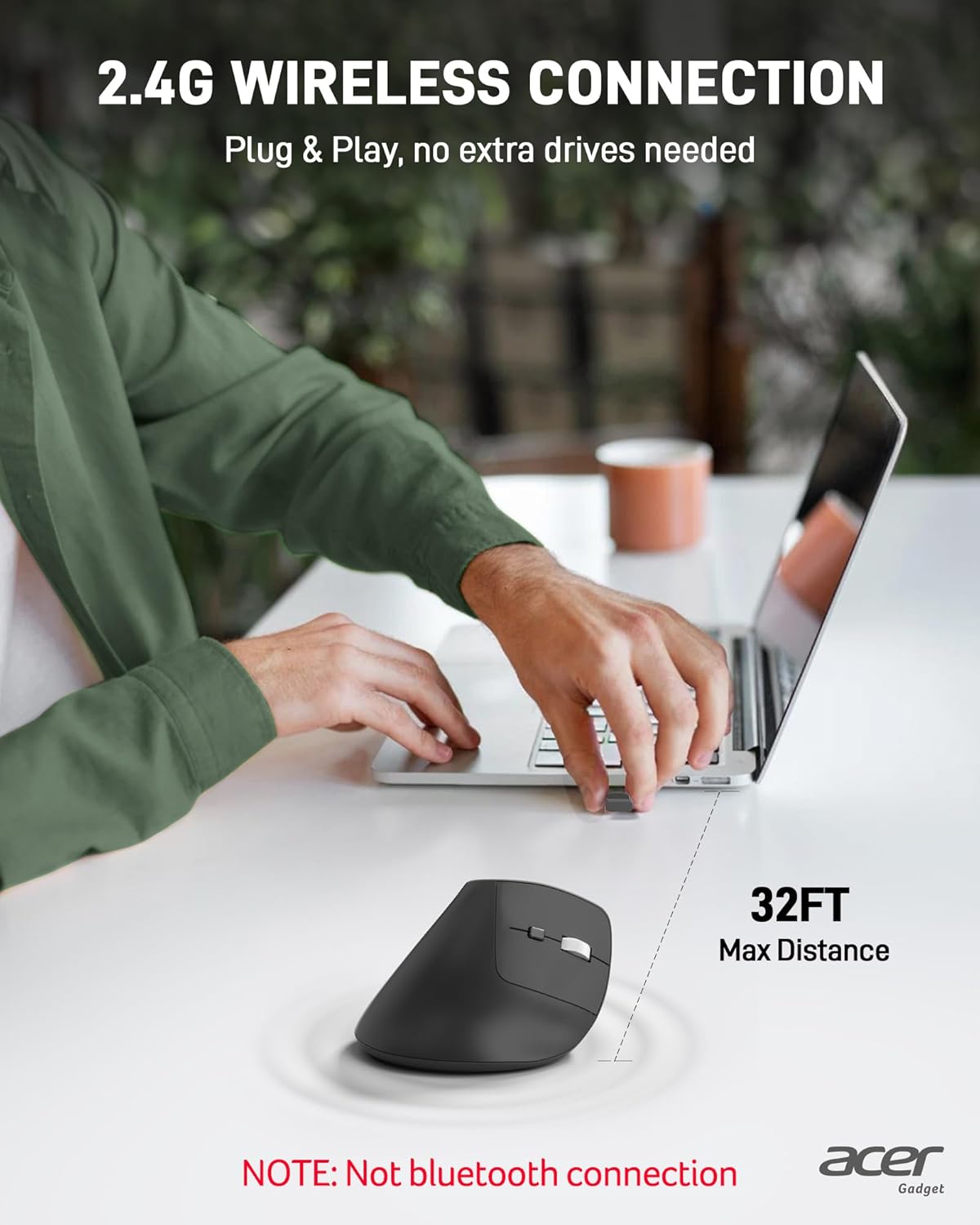 acer Ergonomic Mouse Wireless, Adjustable DPI Vertical Mouse 1000/1200/1600 with 6 Buttons, Rechargeable Ergo Mice with 2.4GHz USB Receiver for Computer, Laptop, PC, iMac and Desktop
