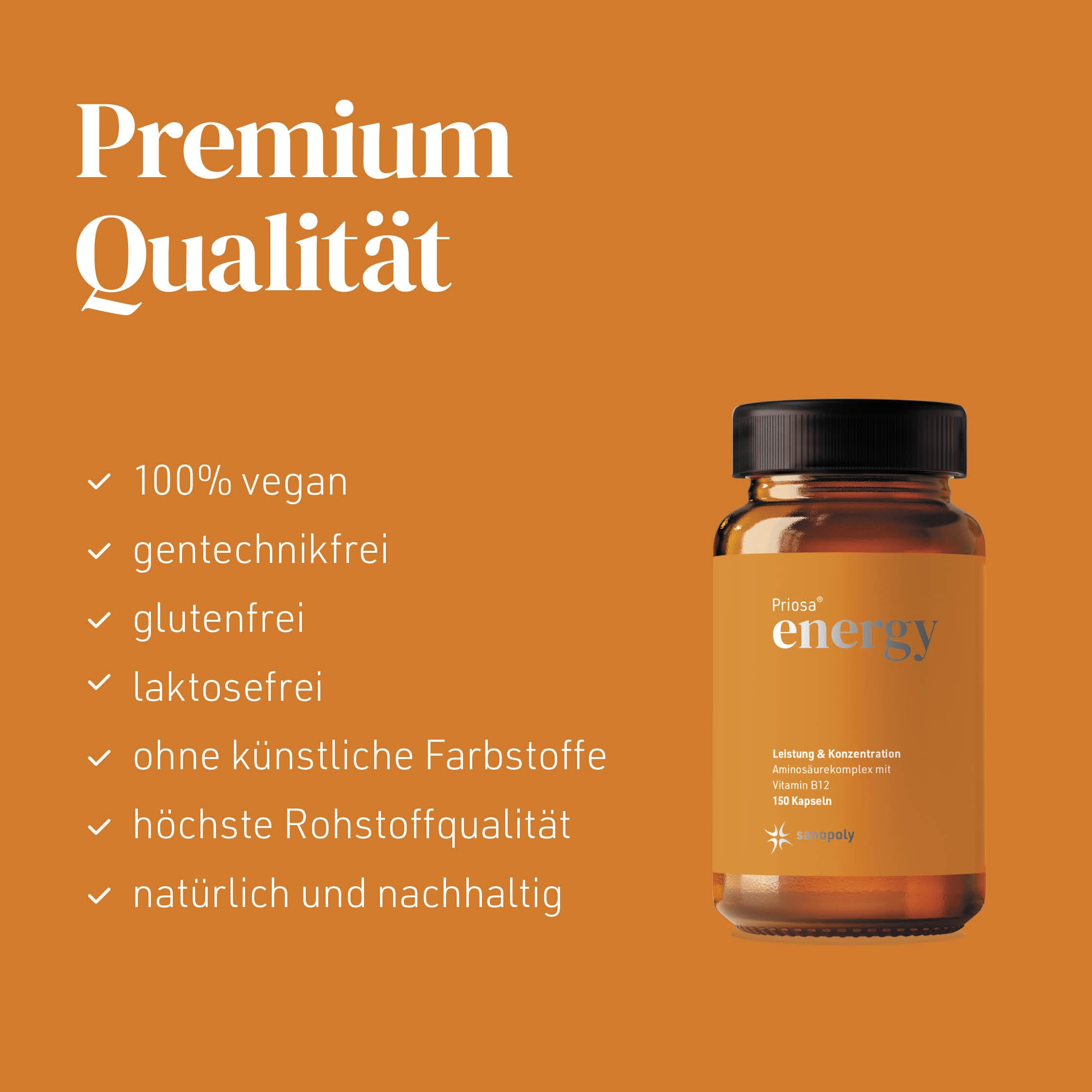 Priosa® energy 150 vegane Aminosäure Kapseln I BCAA Kapseln Unterstützen die normale Muskelfunktion I 16 eiweißbildende Aminosäuren I durch unabhängige Gutachter geprüft