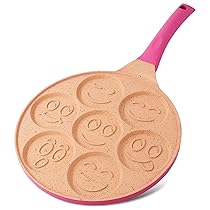 Joeji’s Kitchen Teglia per pancake a 7 fori 26,5 cm Smiley – Alluminio antiaderente leggero – Induzione elettrica a gas – Mini pancake pancake crêpe – Cucina divertente per bambini – Rosa
