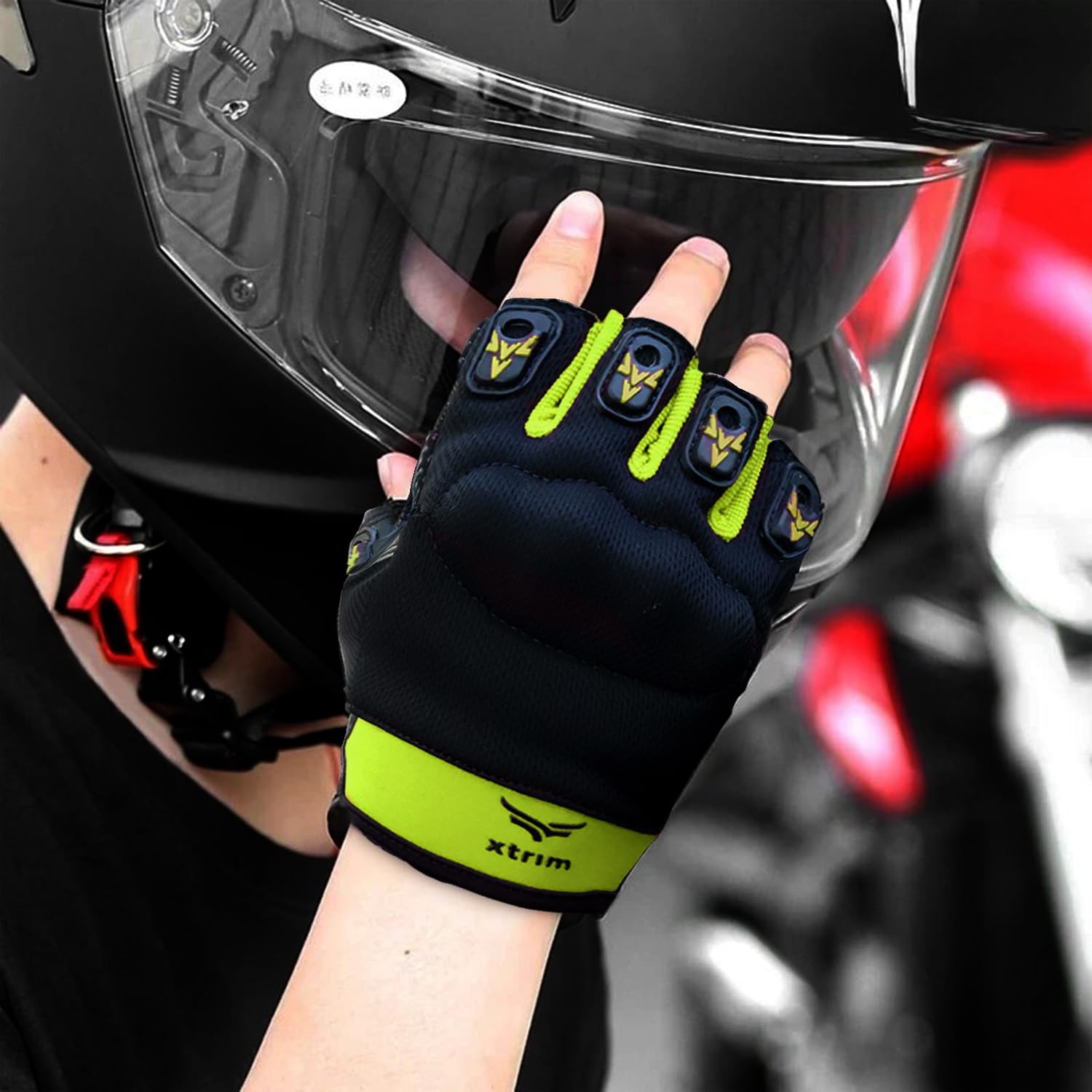 XTRIM Biking Gloves for Men and Women, Half-Finger Length Motorcycle Gloves for Men, Moisture-Absorbent Fabric, Comfortable Fit, Reinforced Knuckles for Impact Protection, 1 Pair (Large, Olive Green)