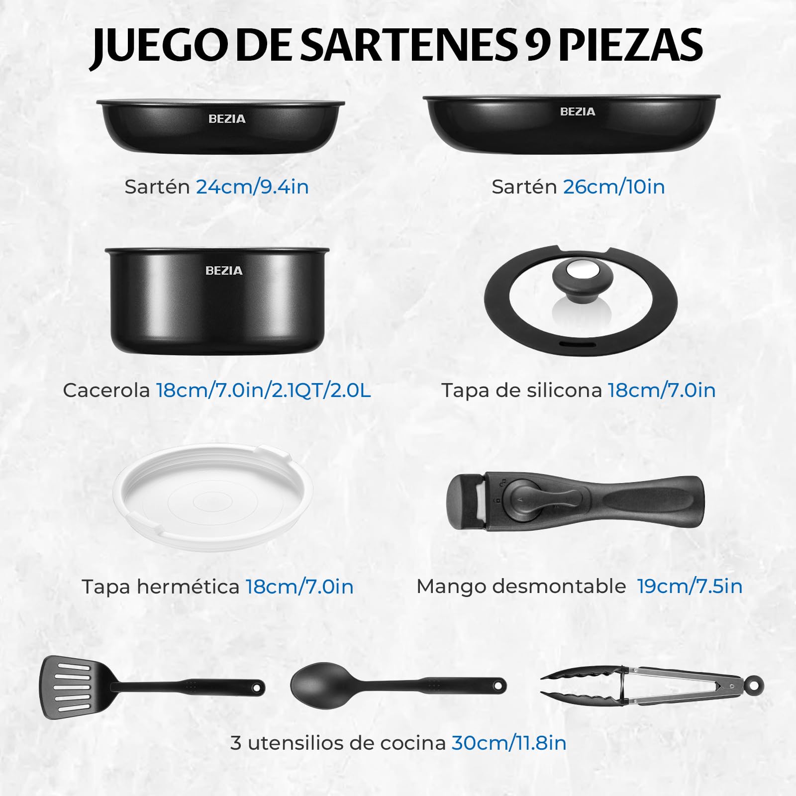 BEZIA Sartén de cerámica con mango extraíble – Juego de ollas de 9 piezas para inducción, antiadherentes con tapa, juego de ollas para todo tipo de cocinas, ollas apilables, aptas para horno y