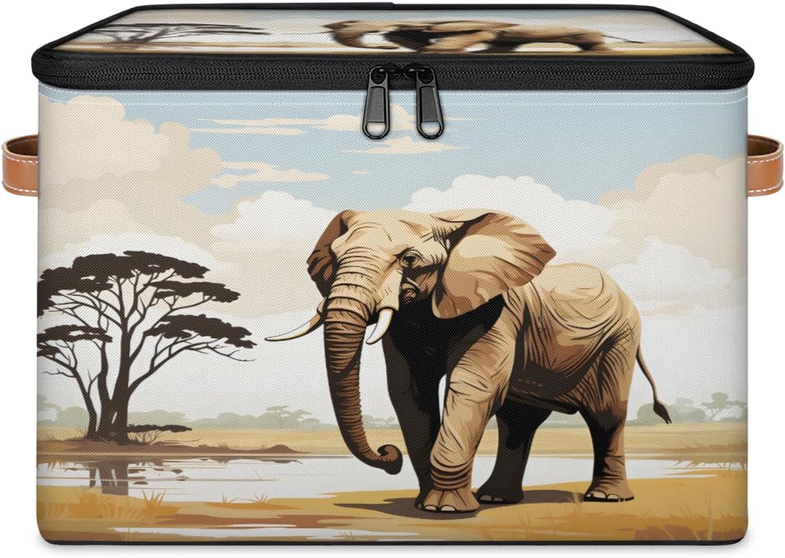 Storage Bin Set of 2 Wild Elephant Storage Basket with Zipper Lid & Handle Foldable Closet Shelf 2 Pack Cloth Organizer Basket Cube Bins Clothes Organizer for Bedroom, Nursery