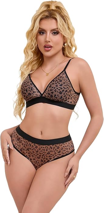 Womens Mesh Bra and Panty Set Cheetah Print See Through Lingerie Set Sexy Sheer Leopard Bra for Women Plus Size
