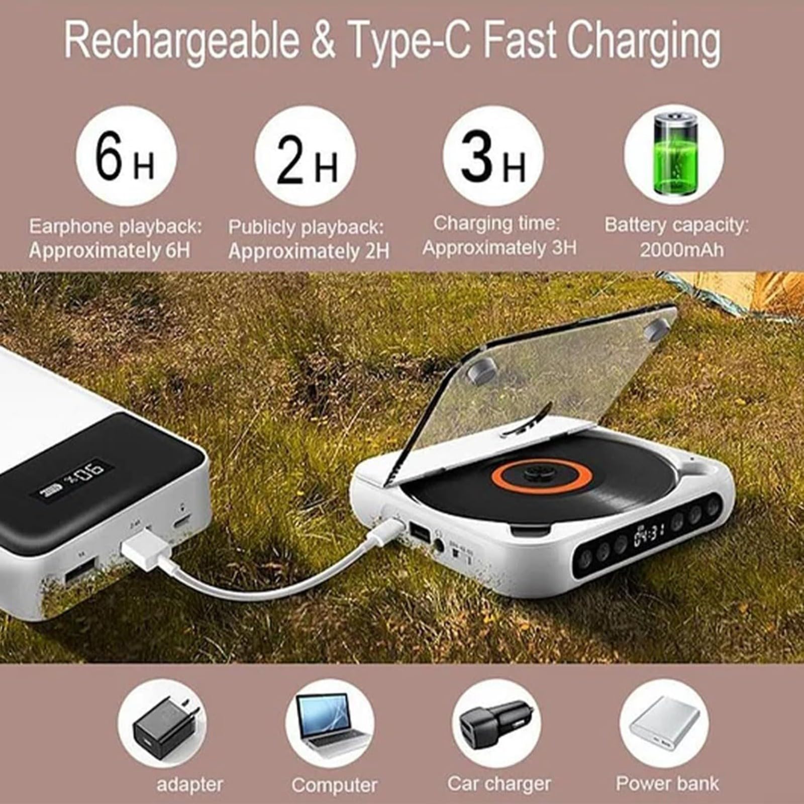 Lettore CD portatile con suono Hi-Fi e batteria ricaricabile, design compatto e leggero per casa, viaggi e ascolto di musica in auto, bianco (nero)